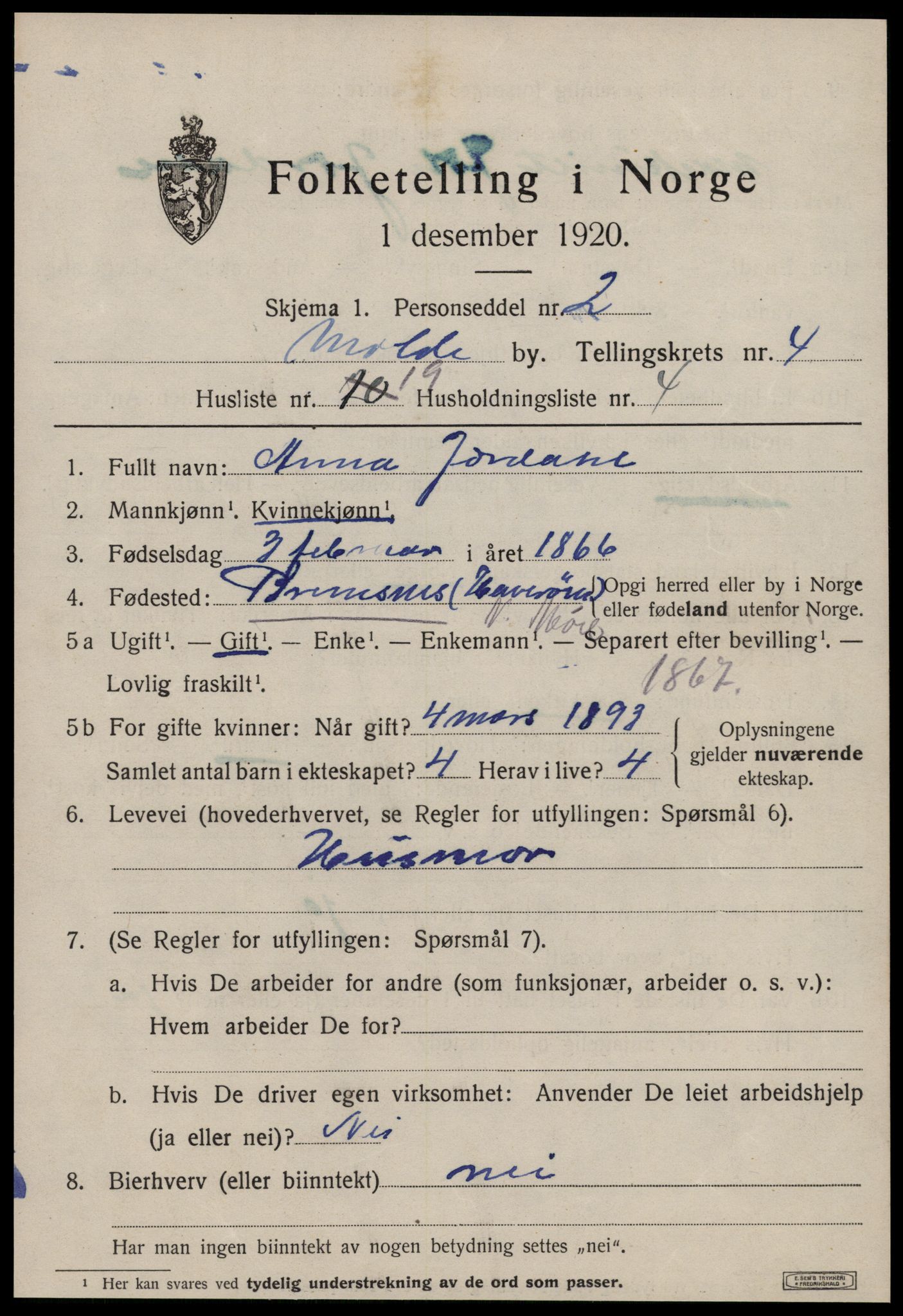 SAT, 1920 census for Molde, 1920, p. 5589