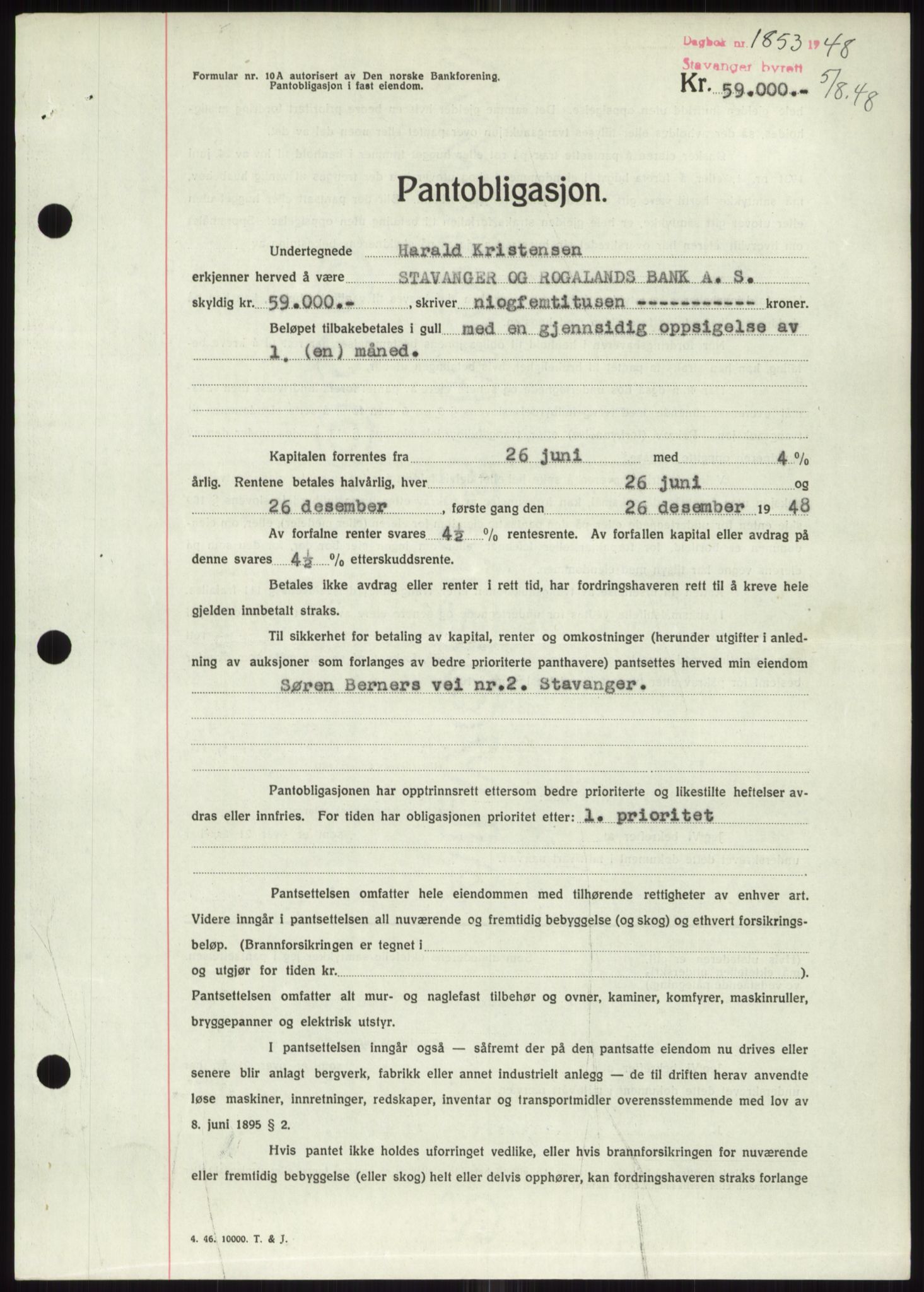 Stavanger byrett, SAST/A-100455/002/G/Gb/L0032: Mortgage book, 1947-1950, Diary no: : 1853/1948