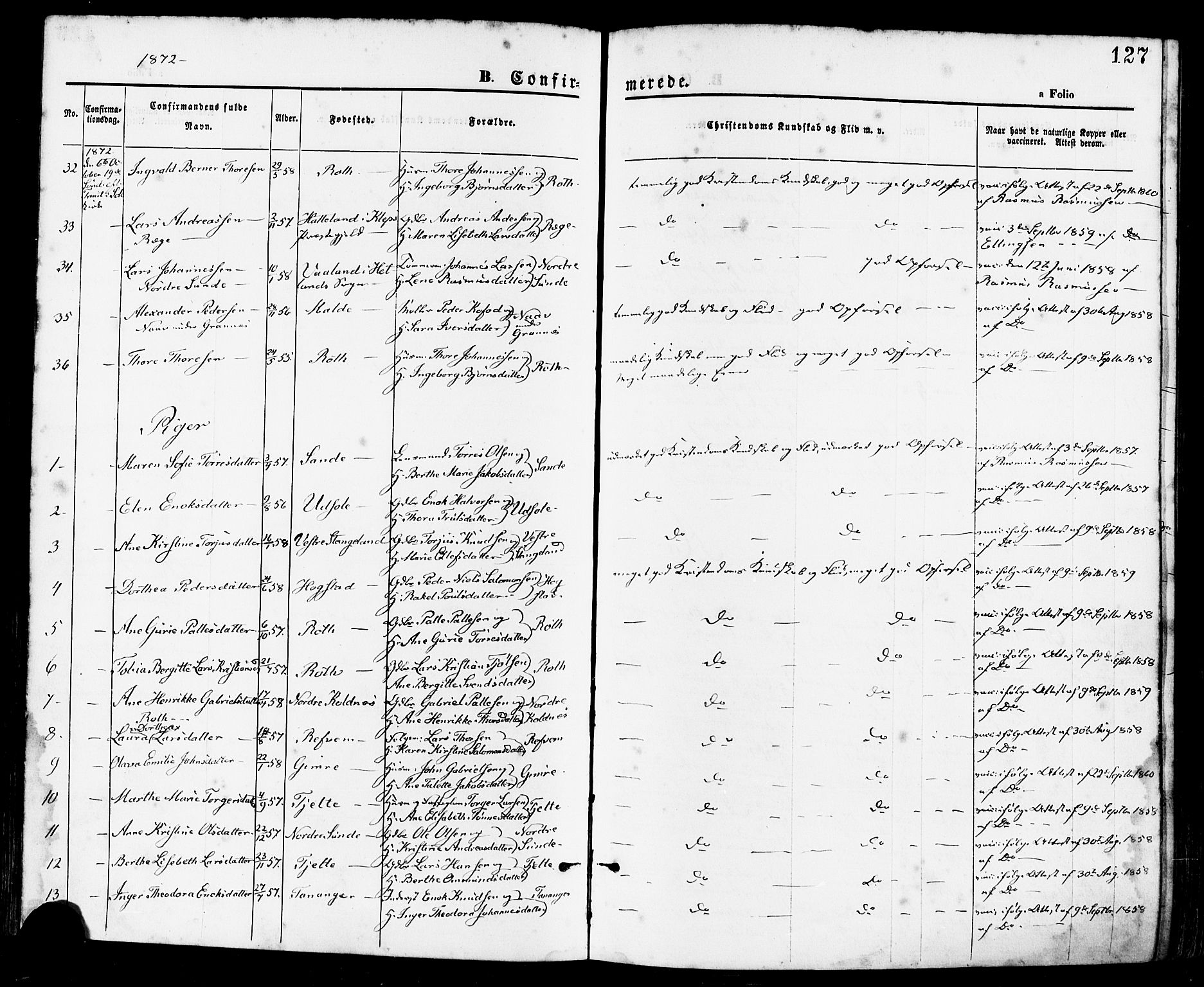 Håland sokneprestkontor, SAST/A-101802/001/30BA/L0009: Parish register (official) no. A 8, 1871-1882, p. 127