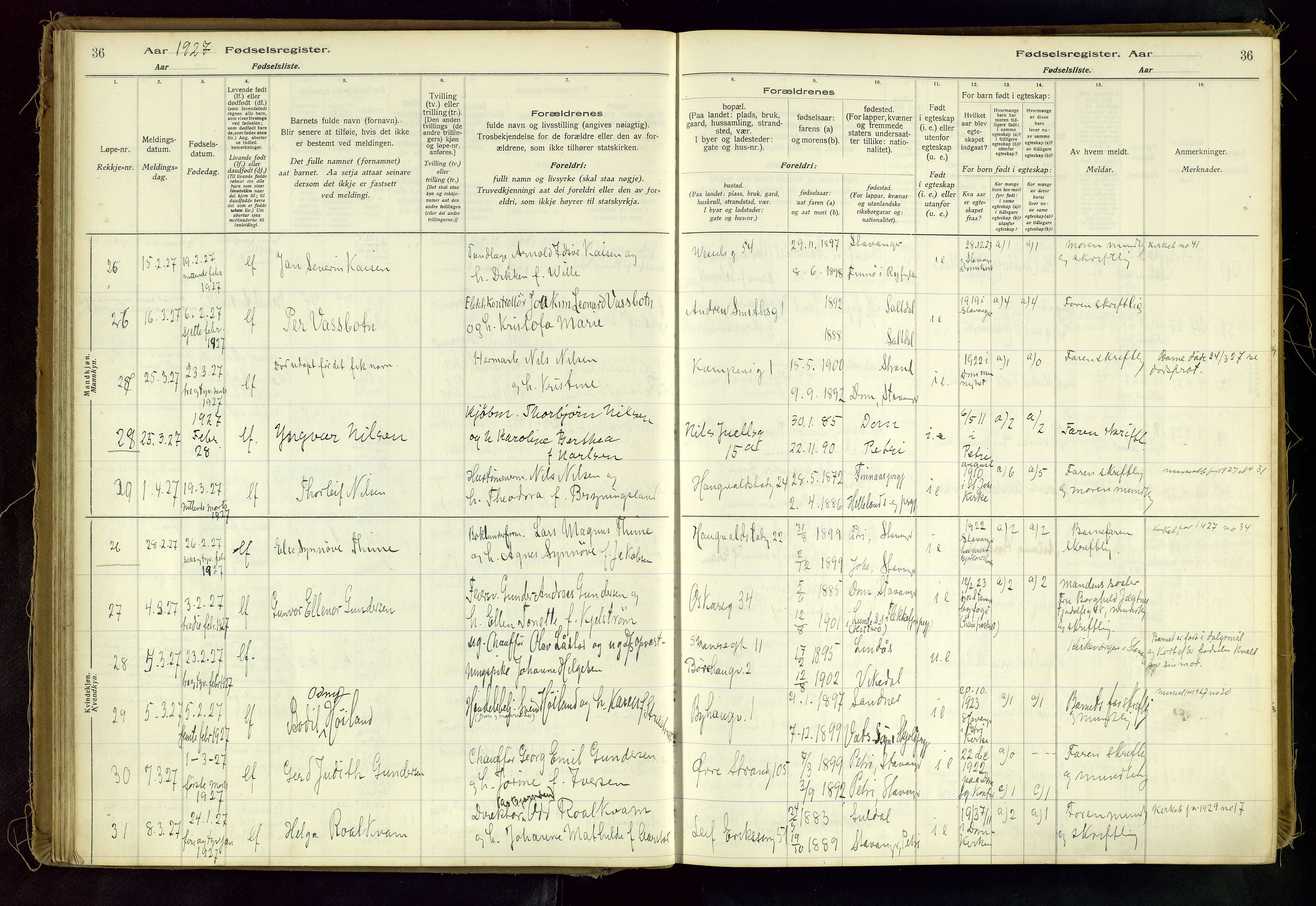 Domkirken sokneprestkontor, SAST/A-101812/002/A/L0001: Birth register no. 1, 1925-1932, p. 36