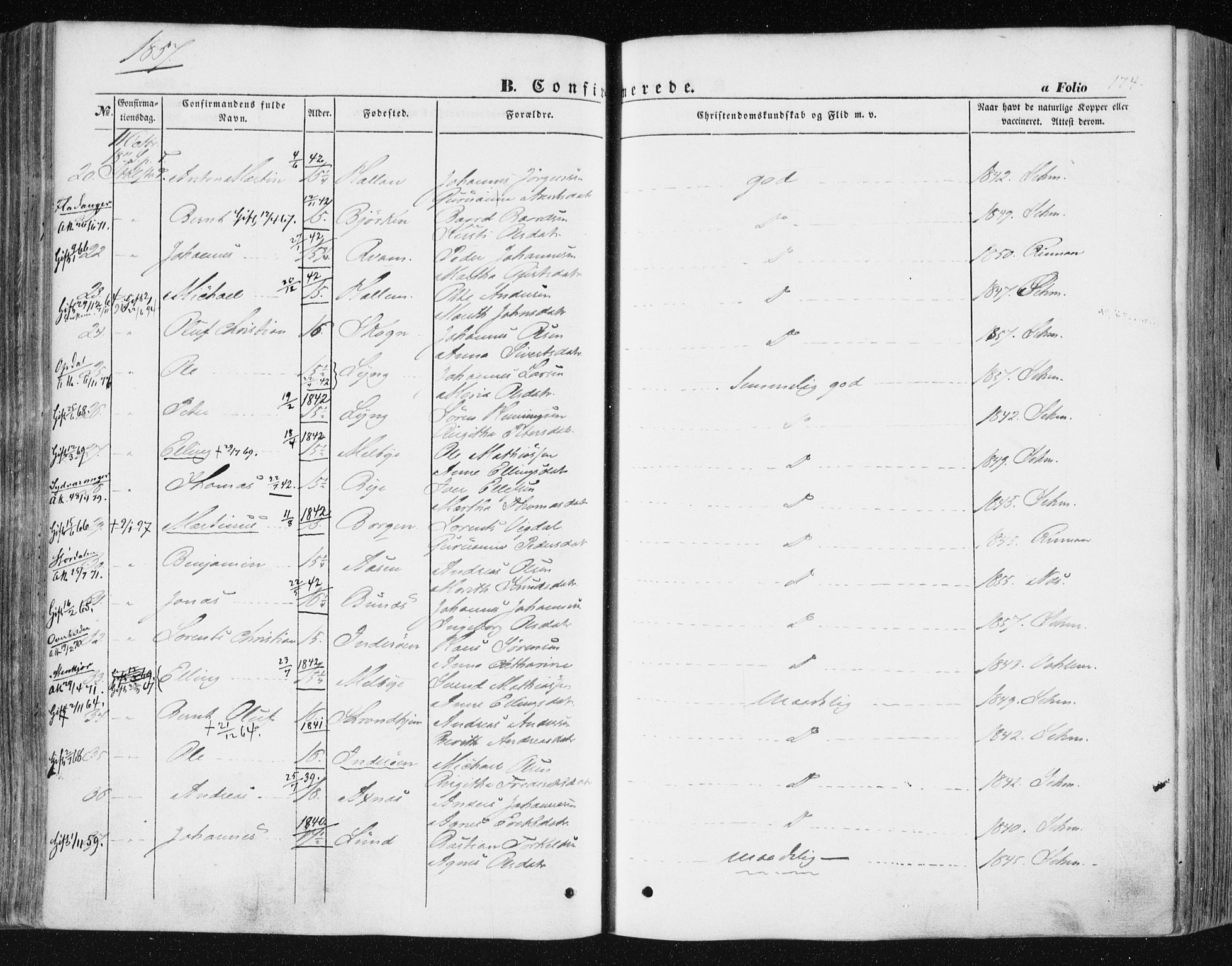 Ministerialprotokoller, klokkerbøker og fødselsregistre - Nord-Trøndelag, SAT/A-1458/723/L0240: Parish register (official) no. 723A09, 1852-1860, p. 174