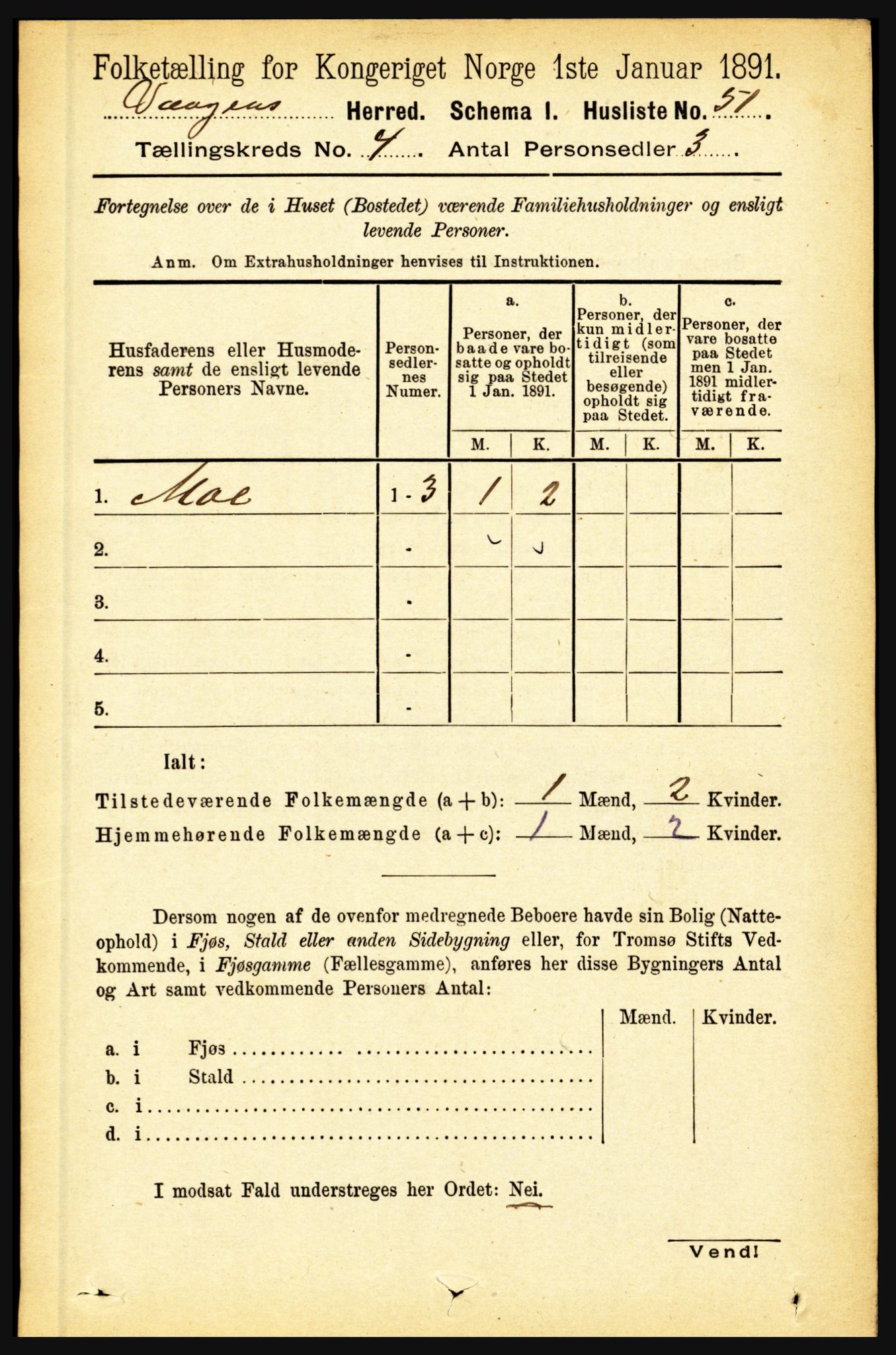 RA, 1891 census for 1865 Vågan, 1891, p. 927