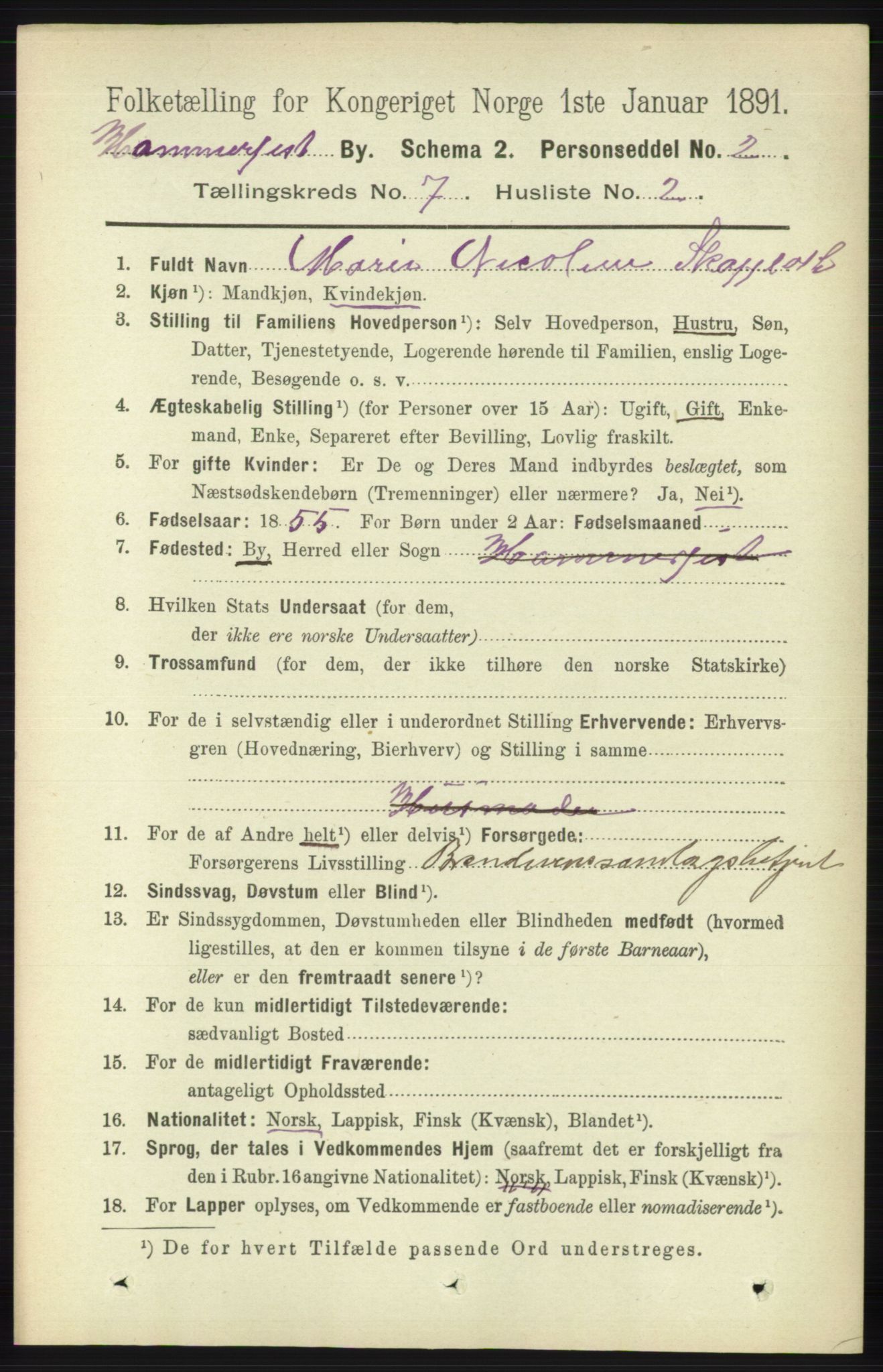 RA, 1891 census for 2001 Hammerfest, 1891, p. 2296