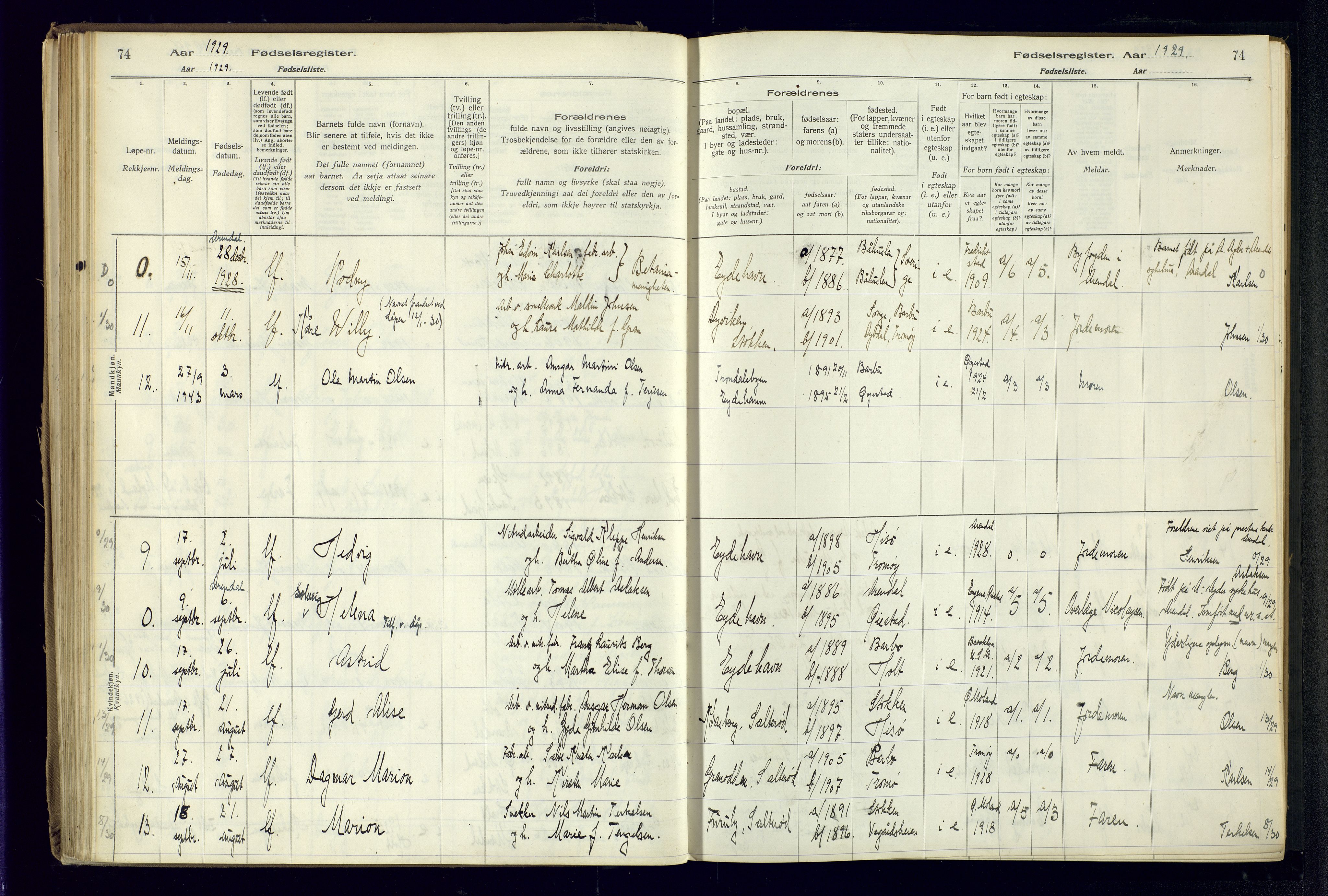 Austre Moland sokneprestkontor, AV/SAK-1111-0001/J/Ja/L0003: Birth register no. A-VI-27, 1916-1950, p. 74