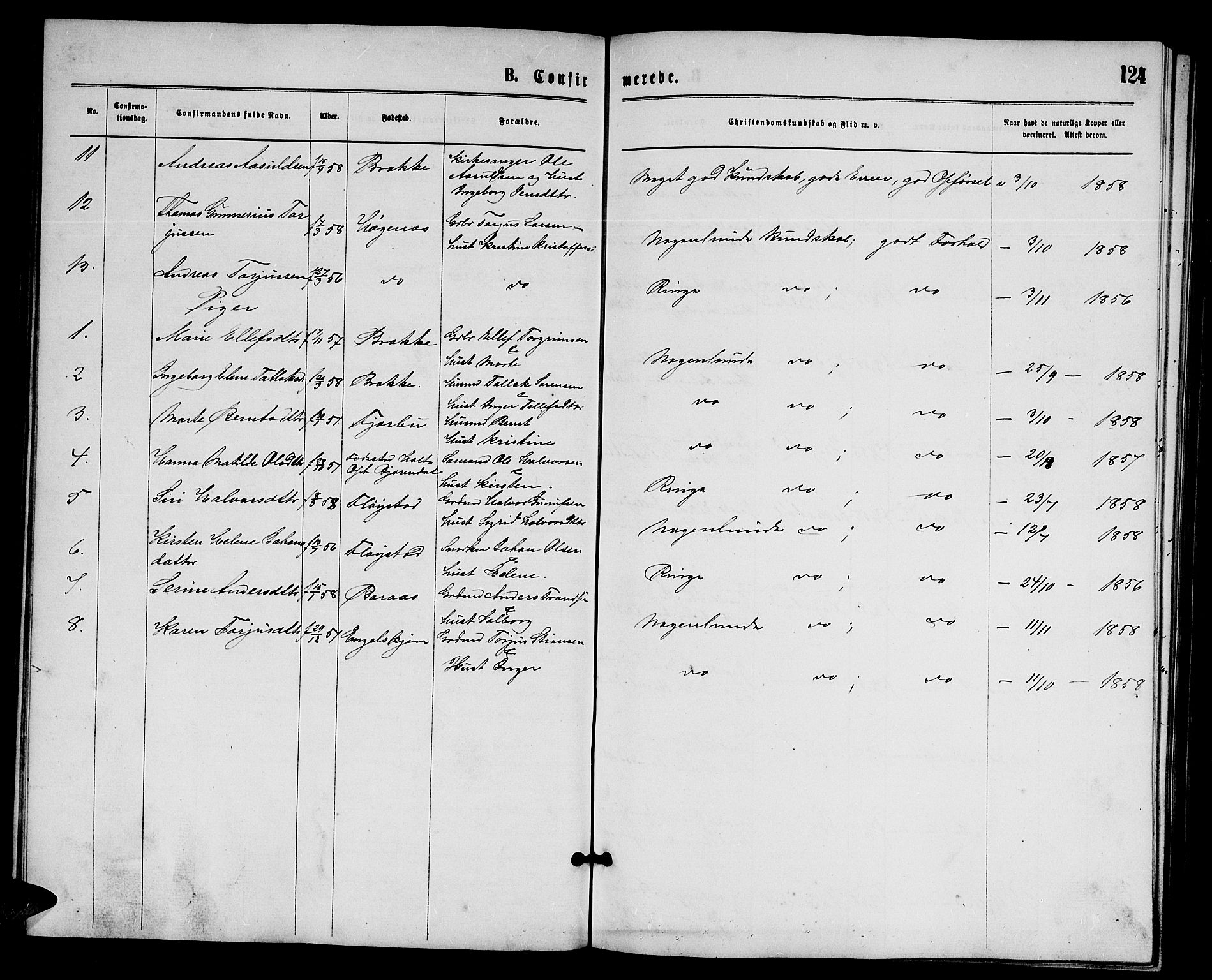 Austre Moland sokneprestkontor, AV/SAK-1111-0001/F/Fb/Fba/L0002: Parish register (copy) no. B 2, 1869-1879, p. 124