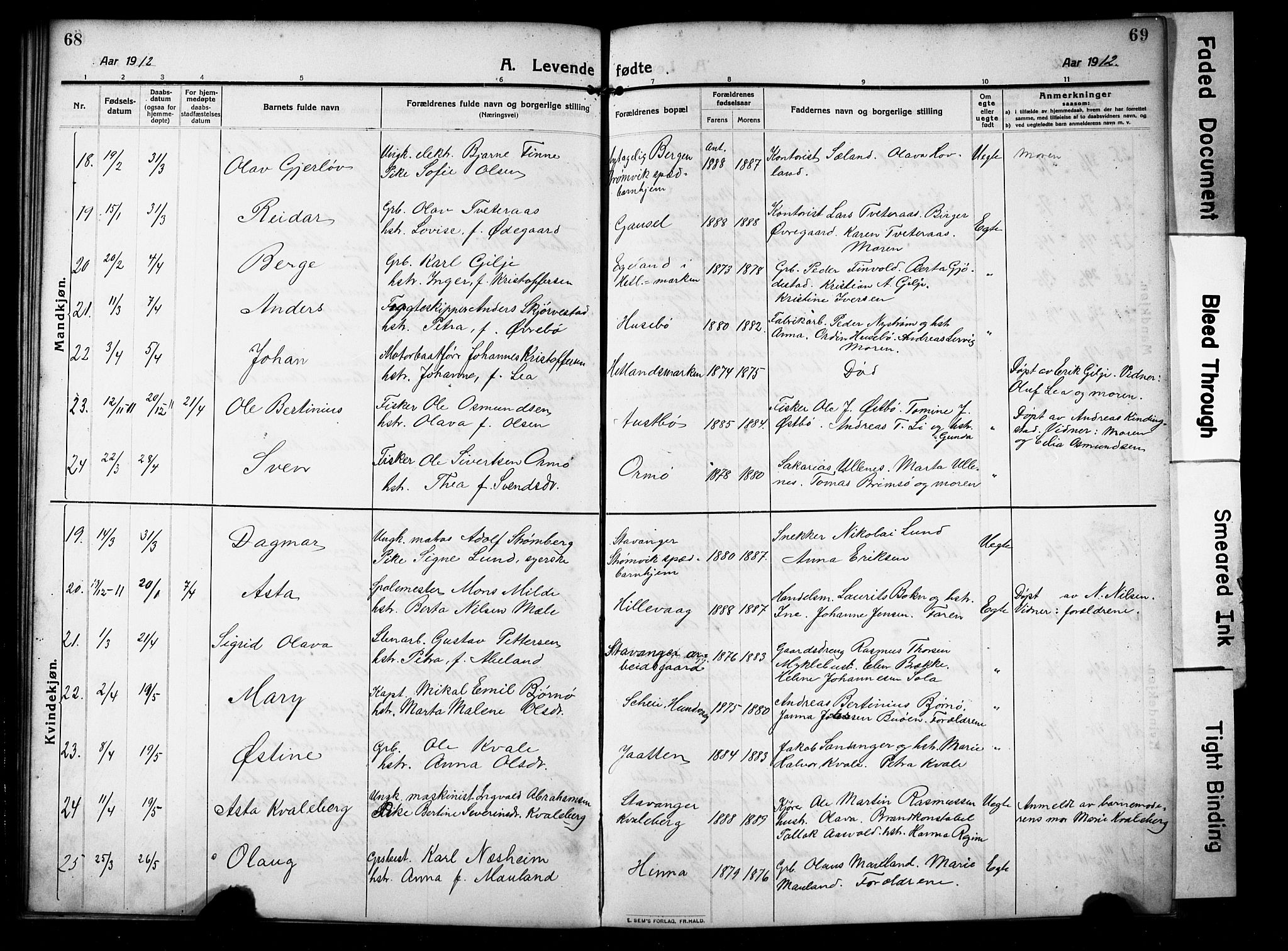 Hetland sokneprestkontor, SAST/A-101826/30/30BB/L0008: Parish register (copy) no. B 8, 1910-1921, p. 68-69