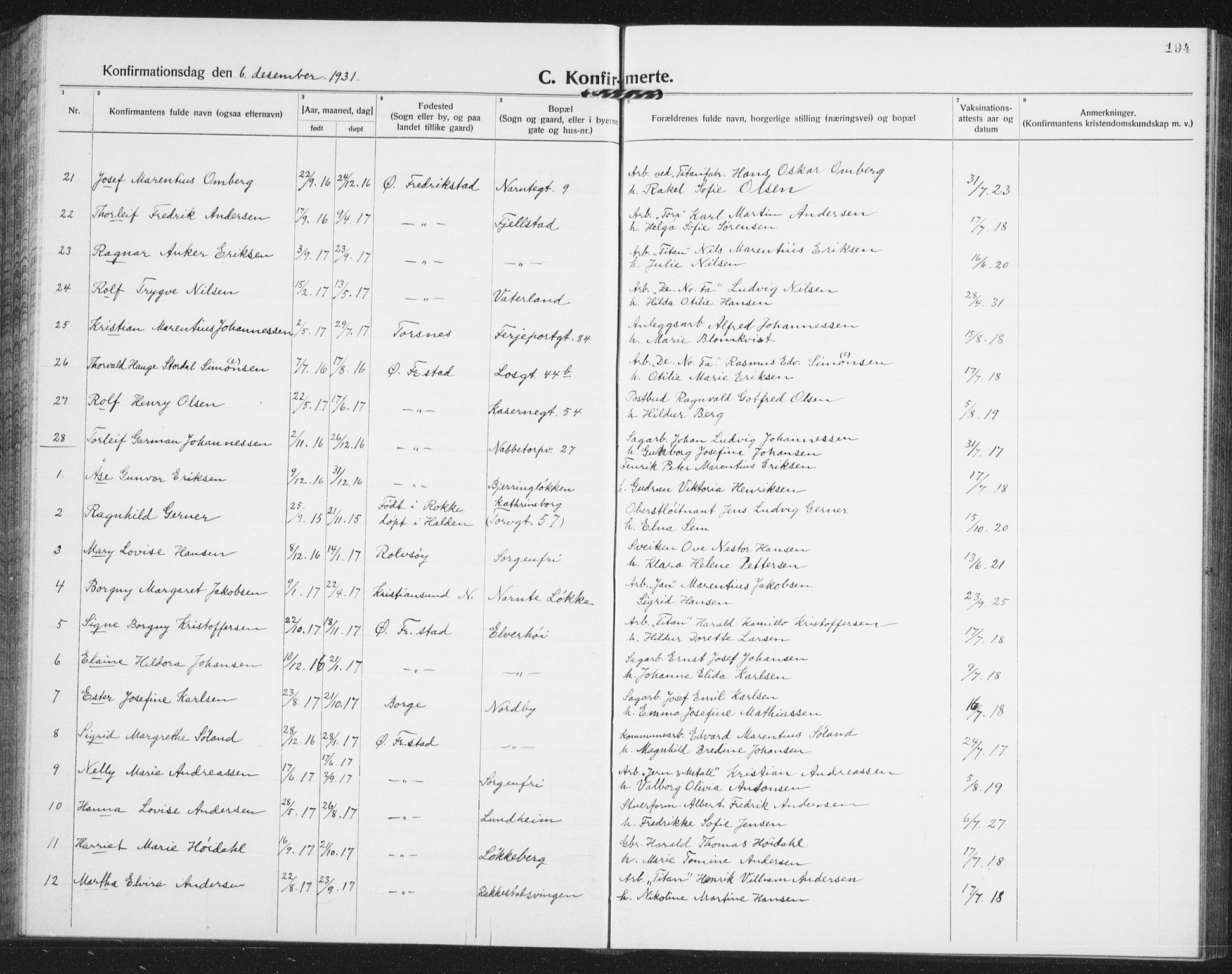 Østre Fredrikstad prestekontor Kirkebøker, AV/SAO-A-10907/G/Ga/L0003: Parish register (copy) no. 3, 1920-1940, p. 194