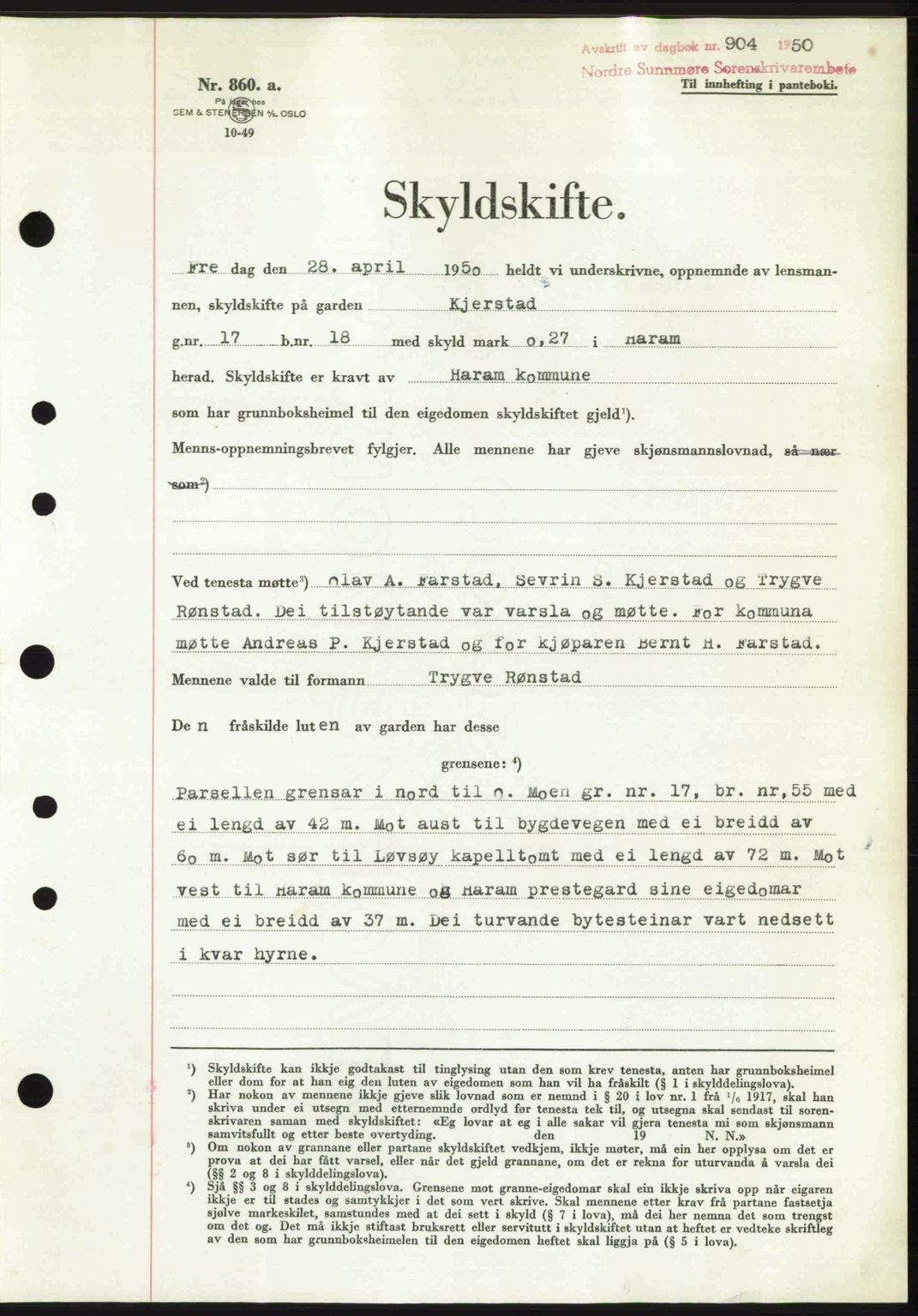 Nordre Sunnmøre sorenskriveri, AV/SAT-A-0006/1/2/2C/2Ca: Mortgage book no. A34, 1950-1950, Diary no: : 904/1950