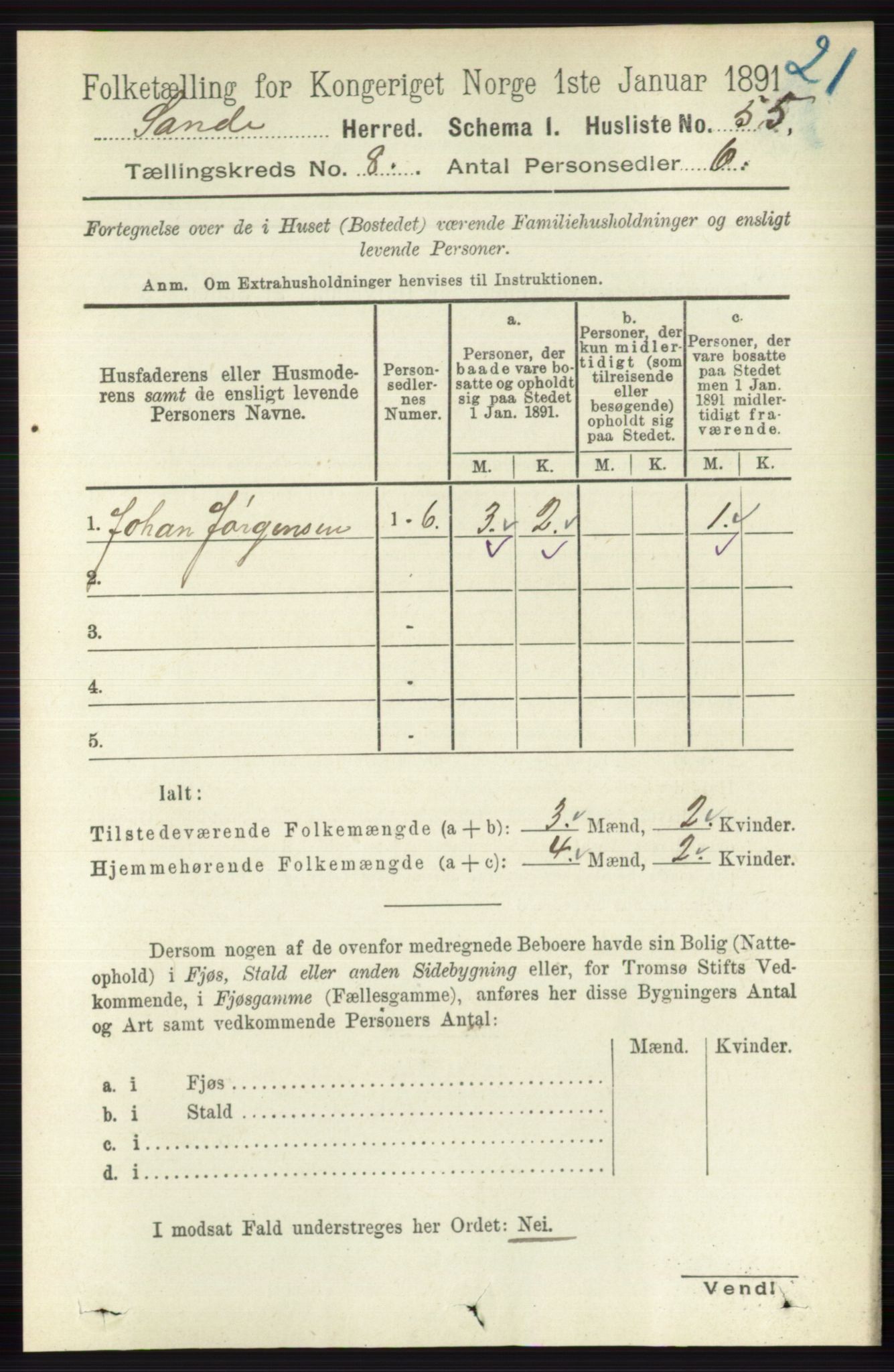 RA, 1891 census for 0713 Sande, 1891, p. 3520