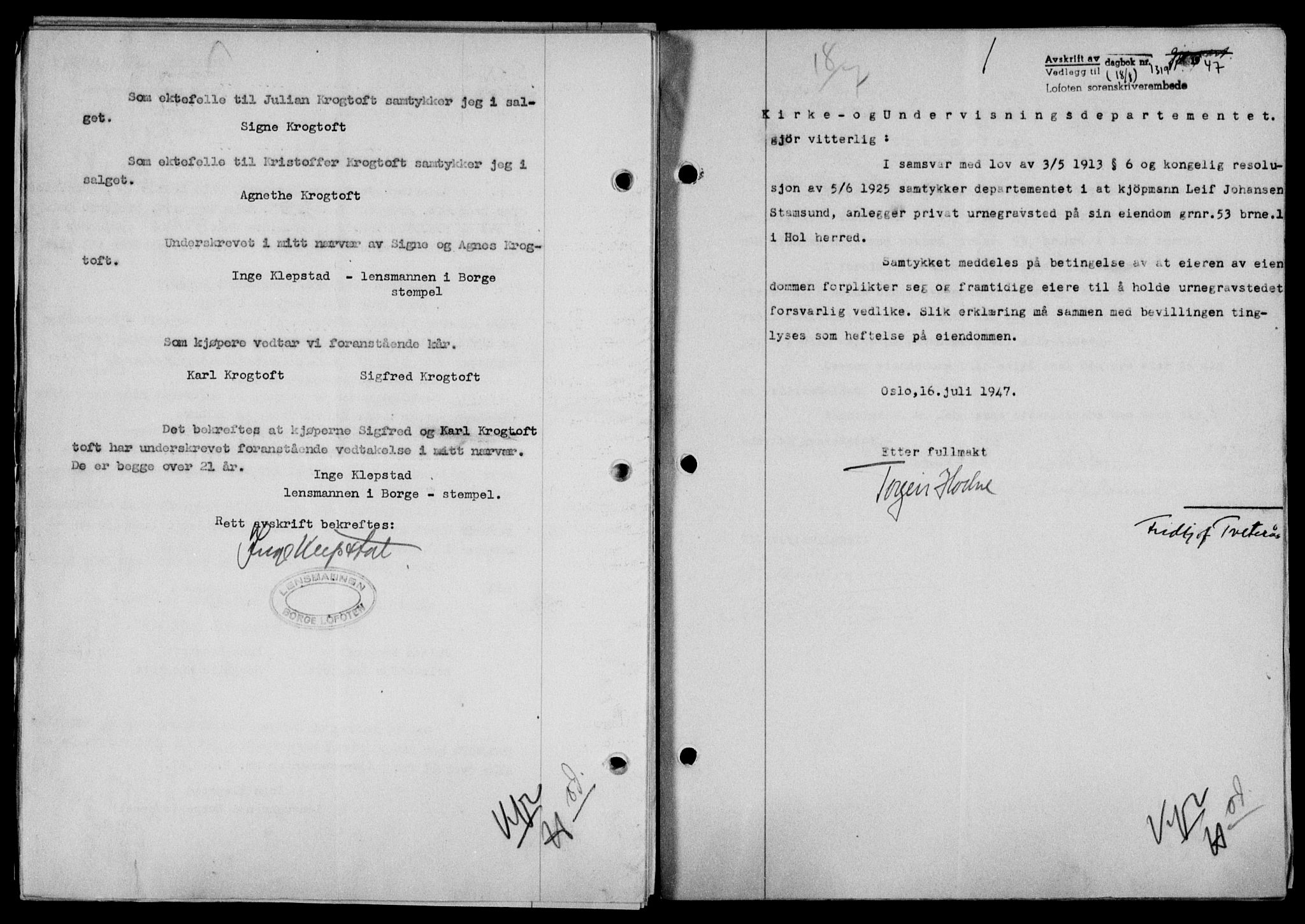 Lofoten sorenskriveri, SAT/A-0017/1/2/2C/L0016a: Mortgage book no. 16a, 1947-1947, Diary no: : 1319/1947