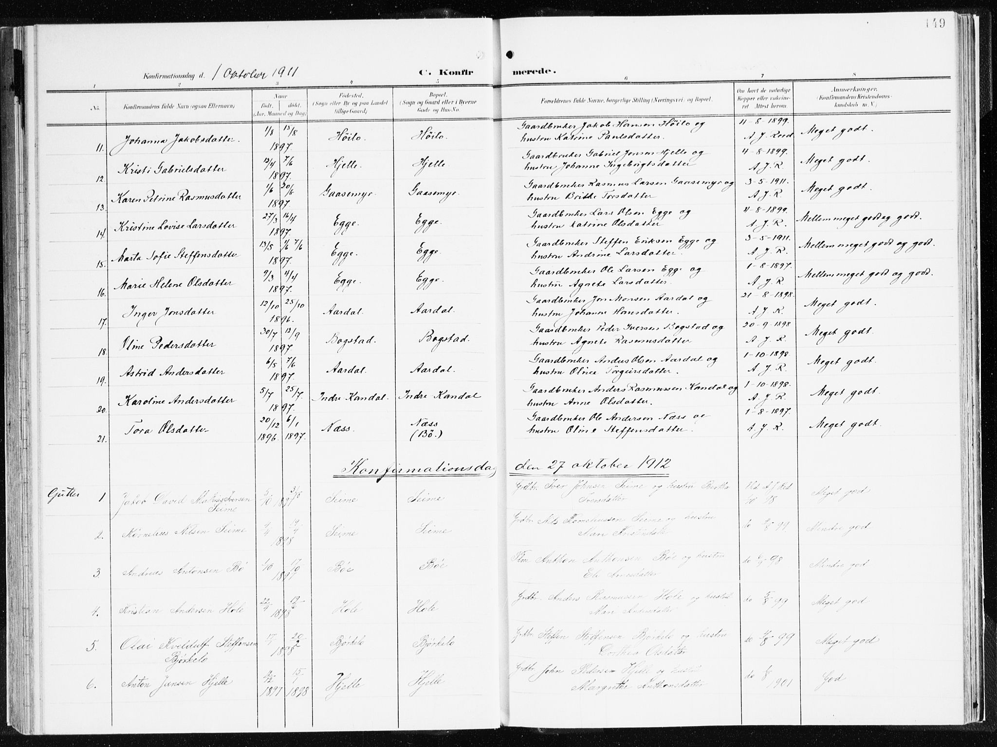 Gloppen sokneprestembete, AV/SAB-A-80101/H/Haa/Haac/L0003: Parish register (official) no. C 3, 1904-1921, p. 149