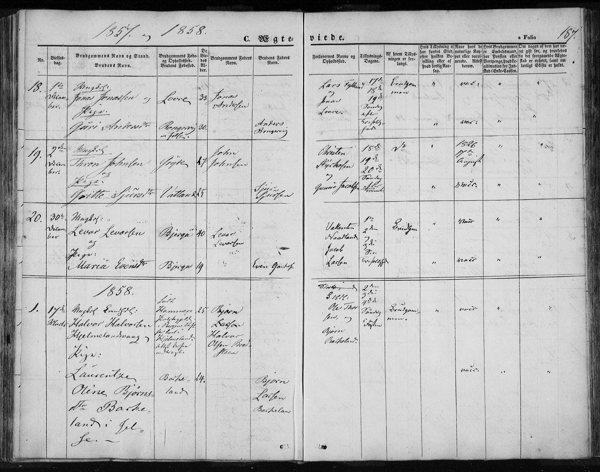 Jelsa sokneprestkontor, SAST/A-101842/01/IV: Parish register (official) no. A 7, 1854-1866, p. 187