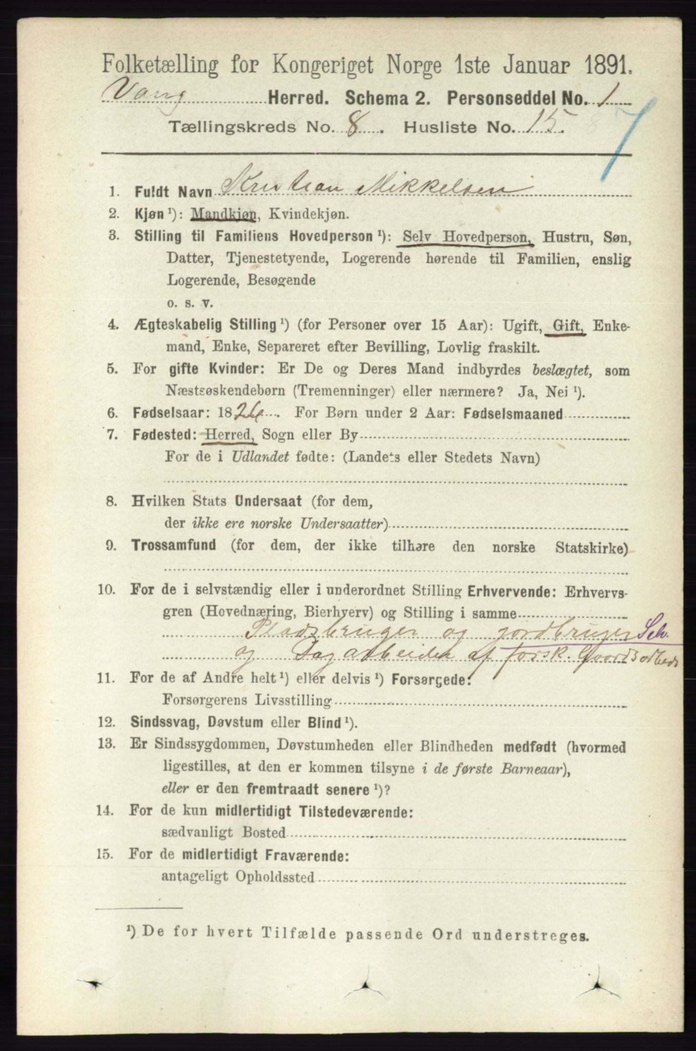 RA, 1891 census for 0414 Vang, 1891, p. 5685