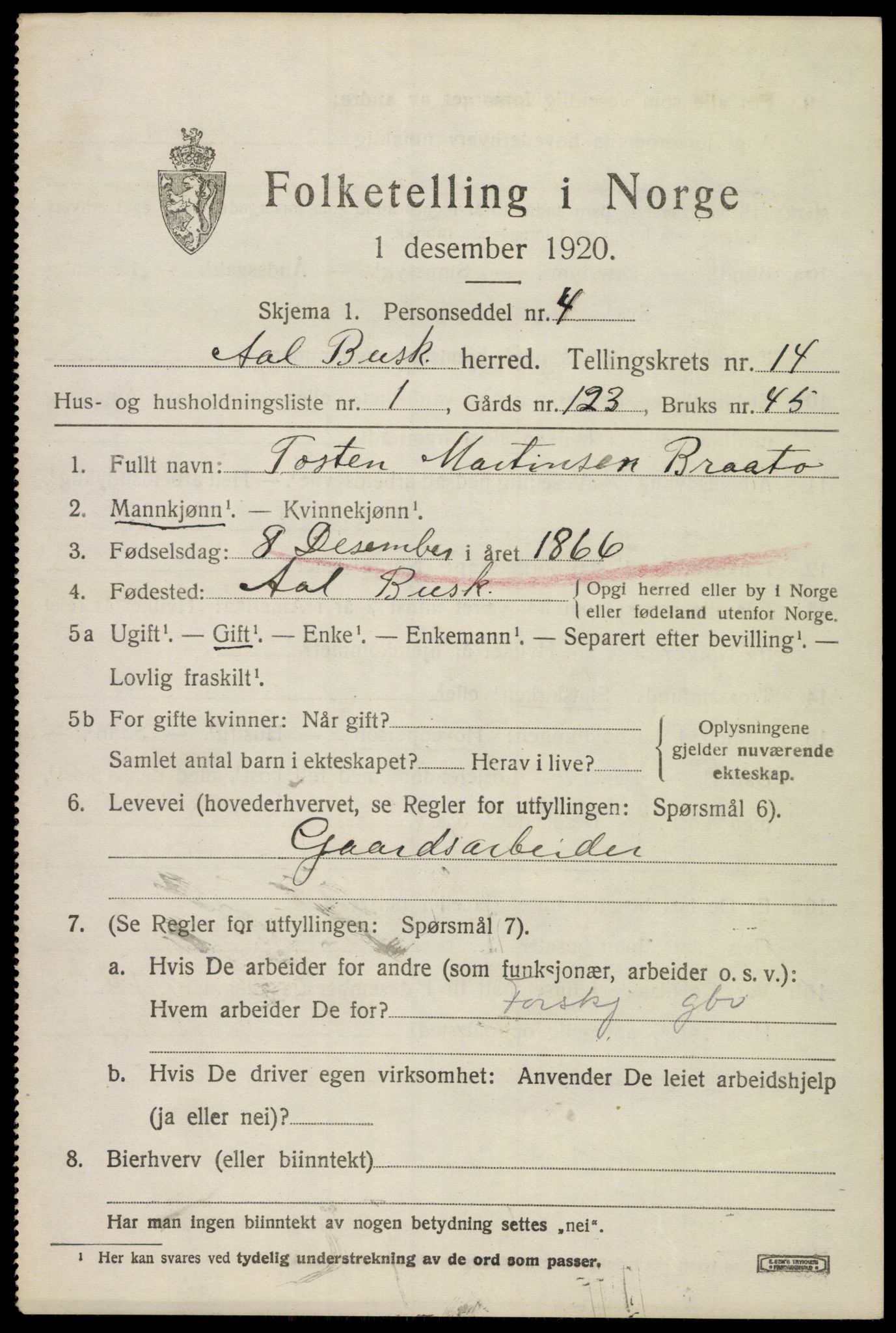 SAKO, 1920 census for Ål, 1920, p. 8072