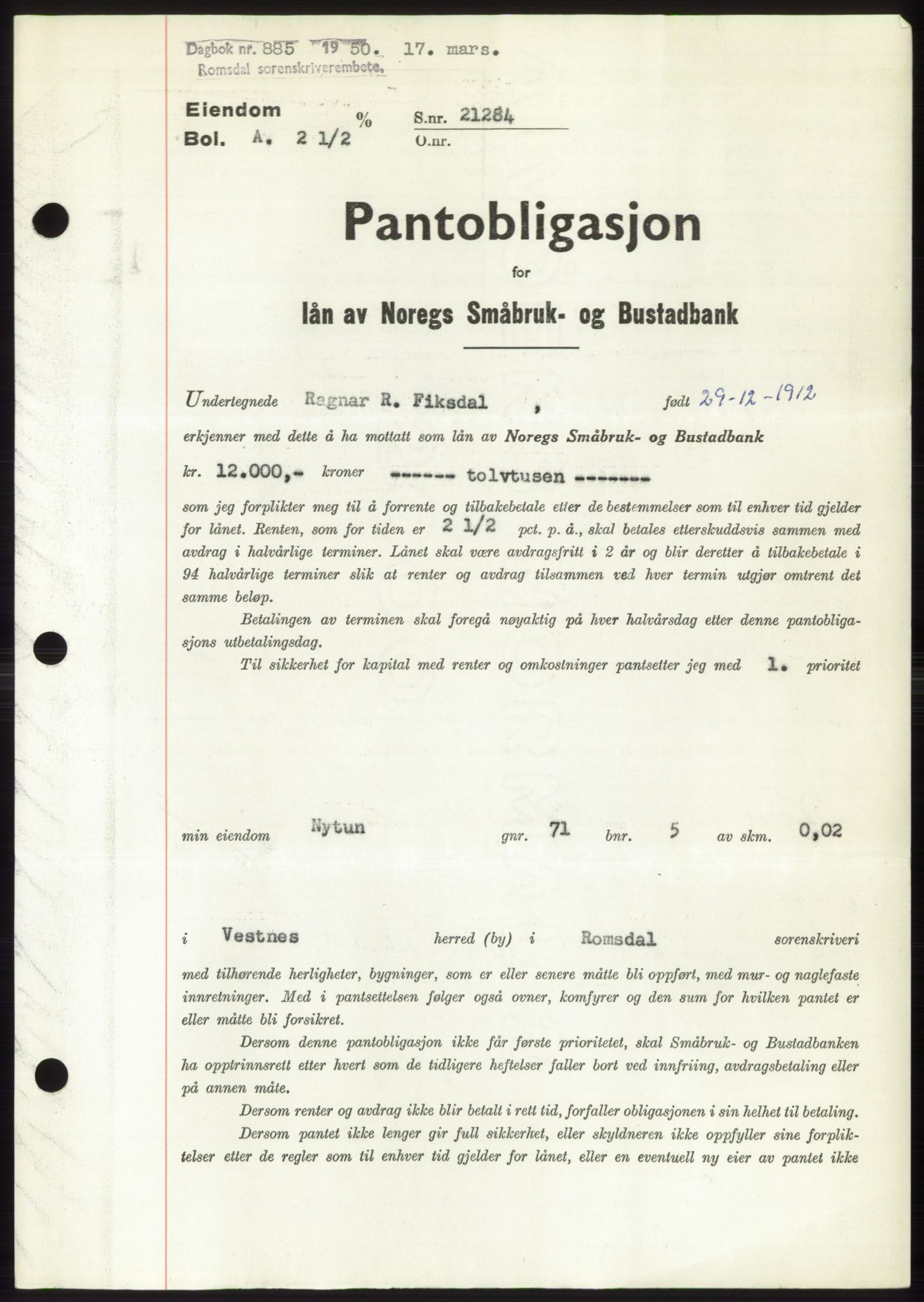 Romsdal sorenskriveri, AV/SAT-A-4149/1/2/2C: Mortgage book no. B5, 1949-1950, Diary no: : 885/1950