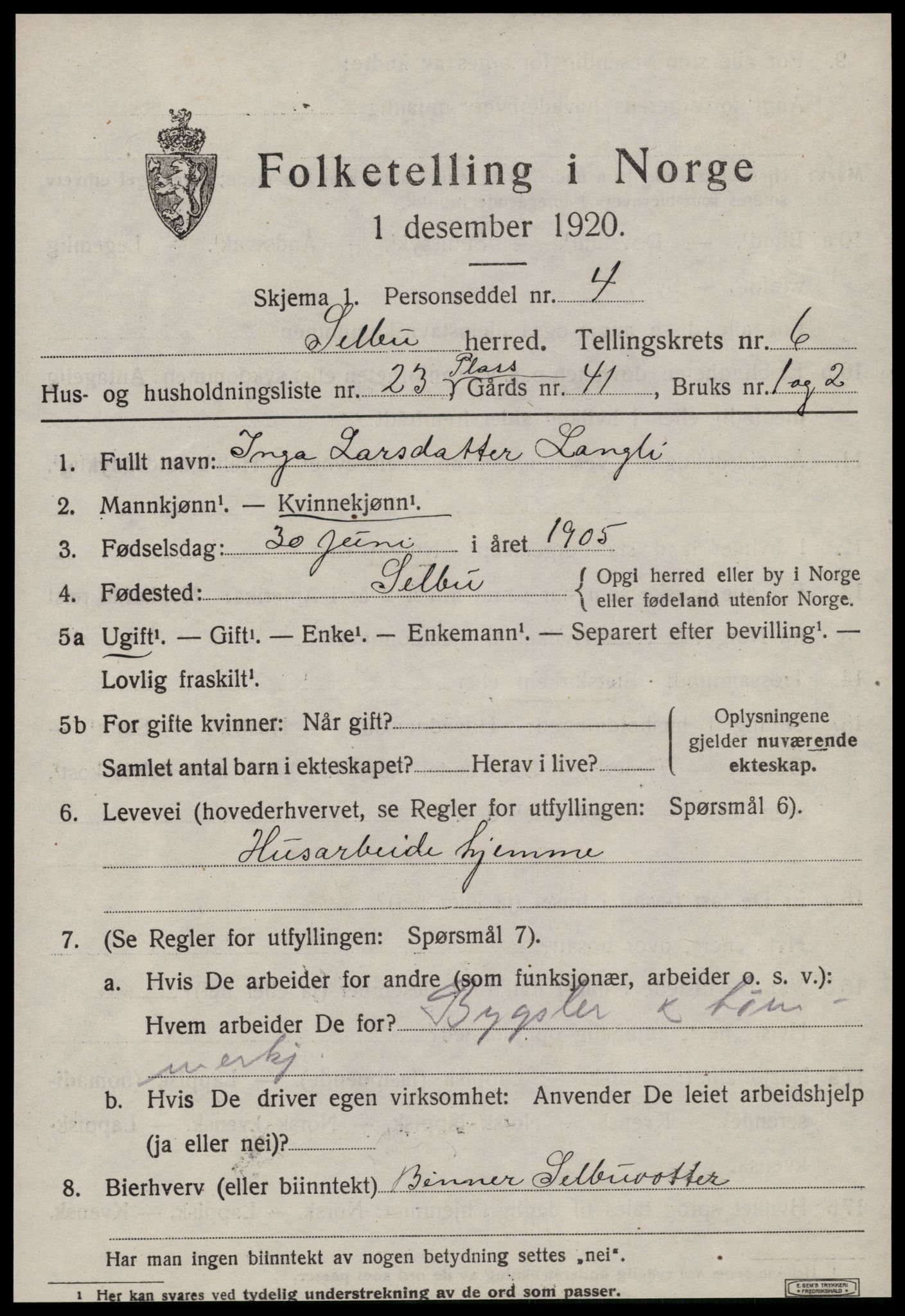 SAT, 1920 census for Selbu, 1920, p. 3730
