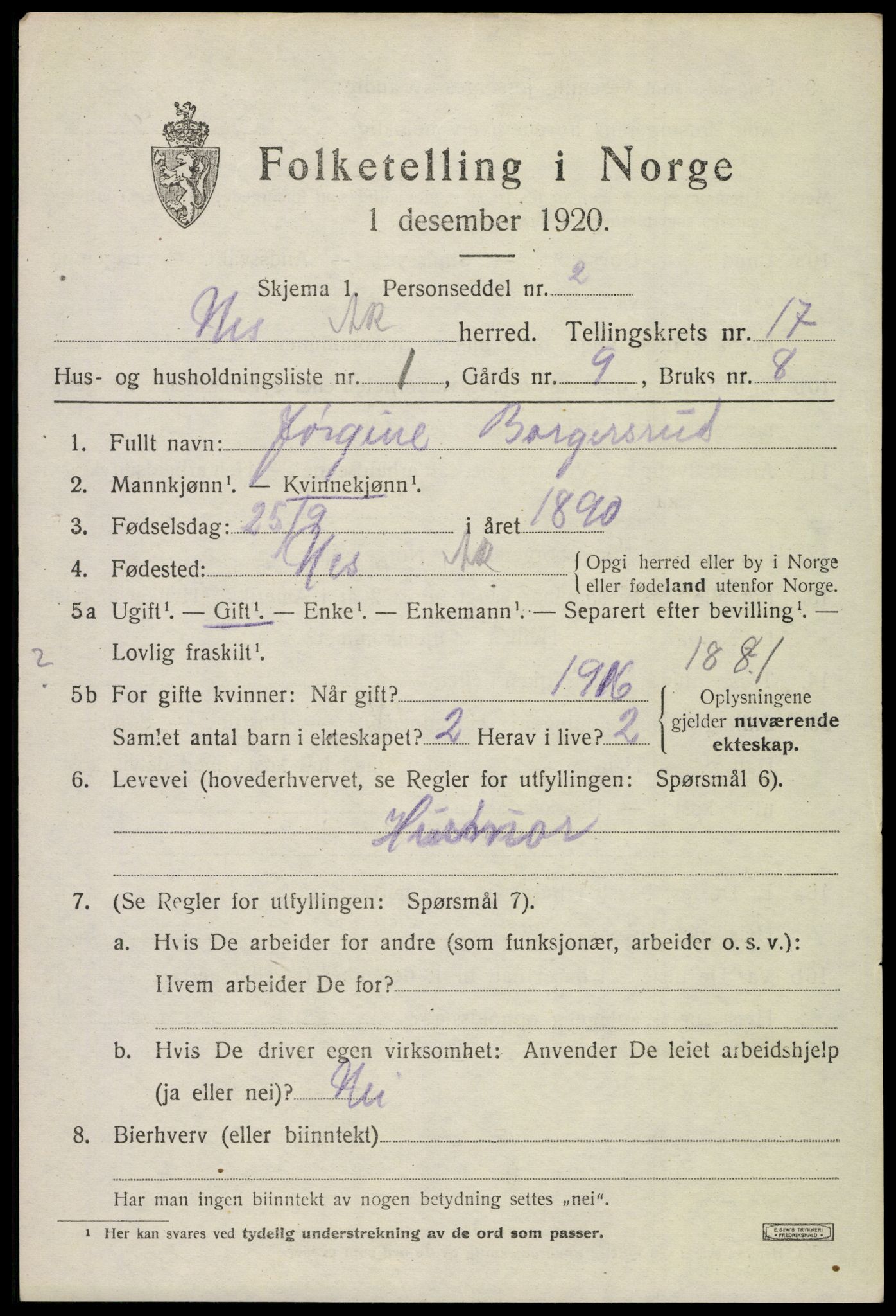 SAO, 1920 census for Nes, 1920, p. 16442