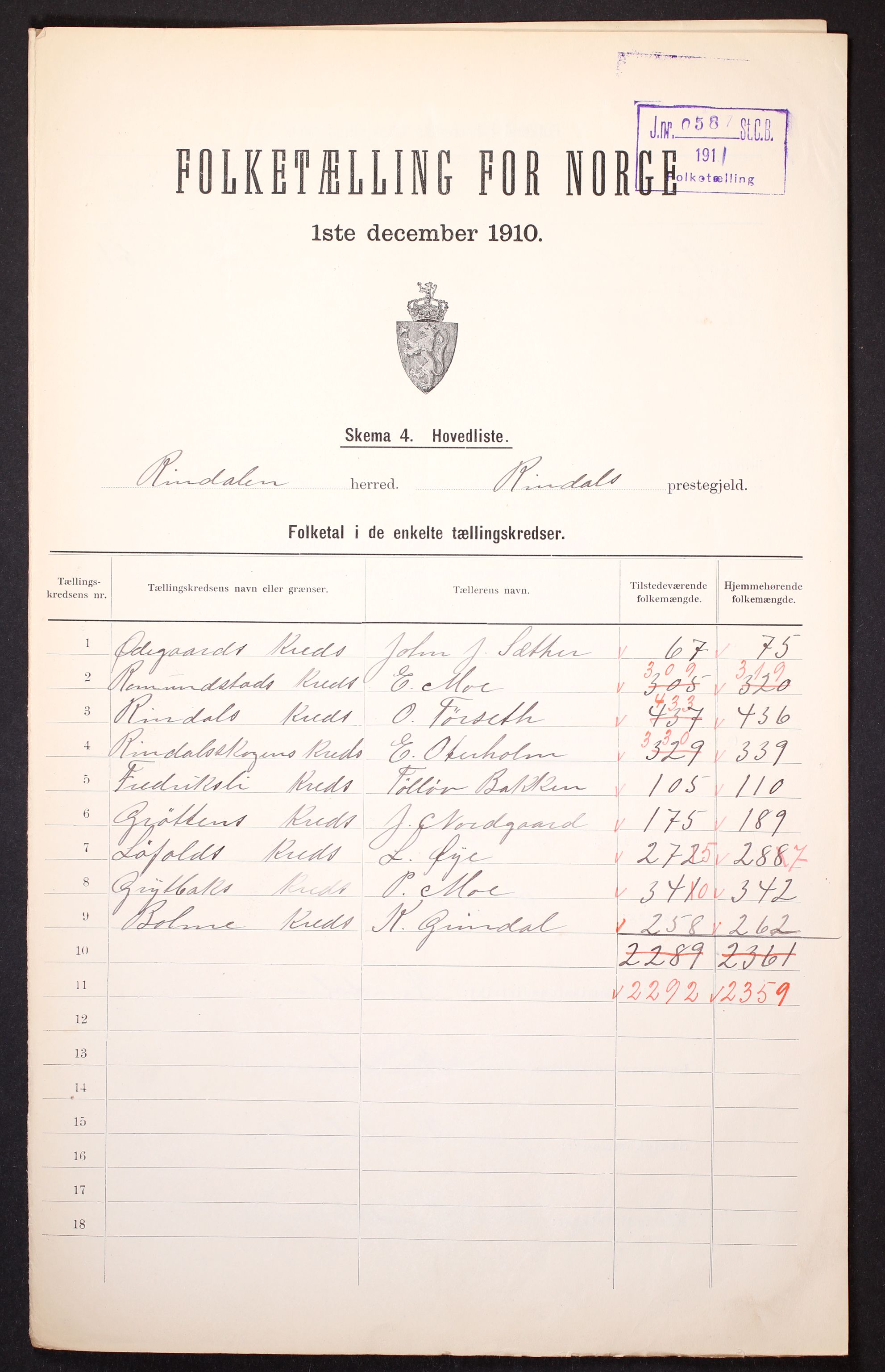 RA, 1910 census for Rindal, 1910, p. 2