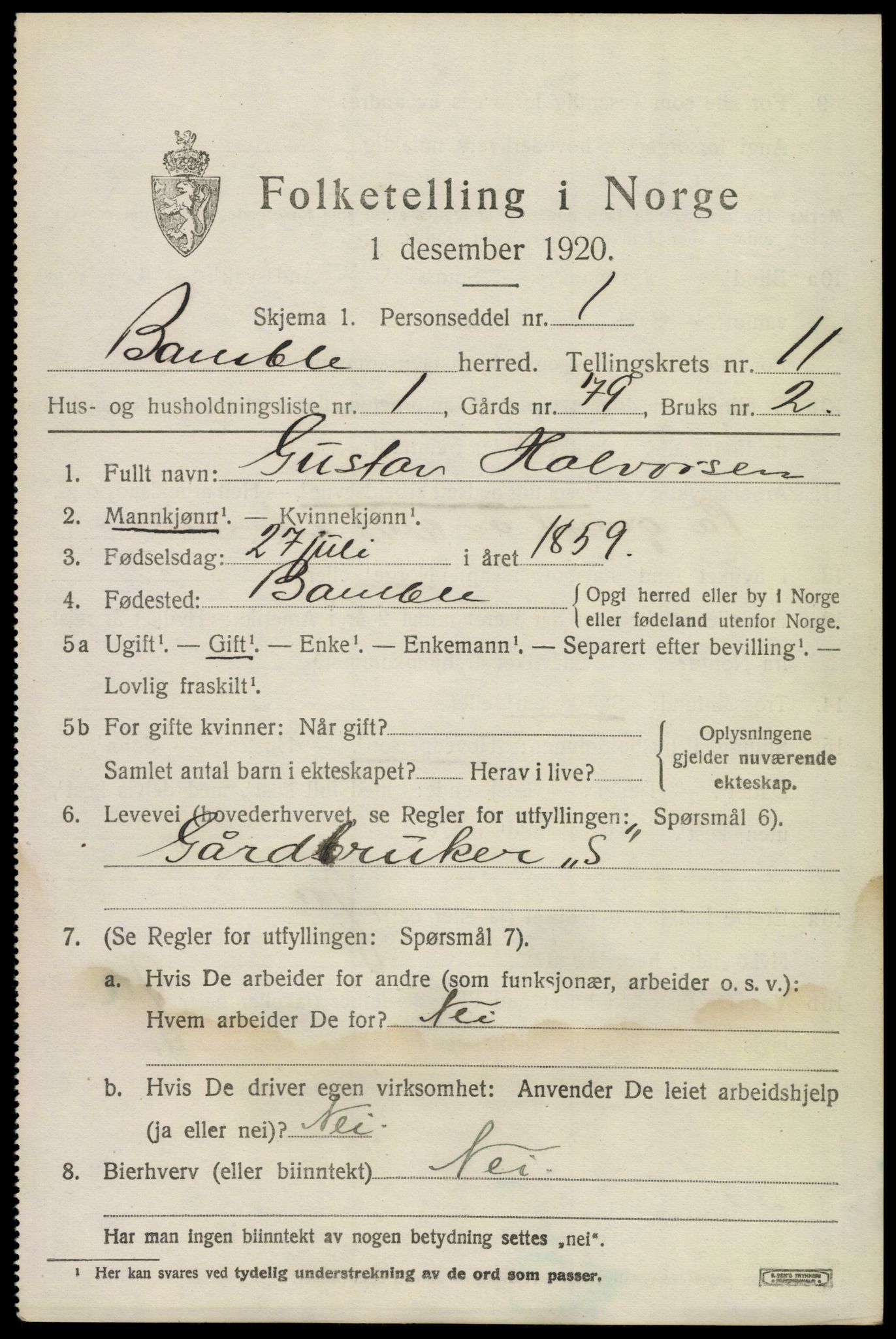 SAKO, 1920 census for Bamble, 1920, p. 8797