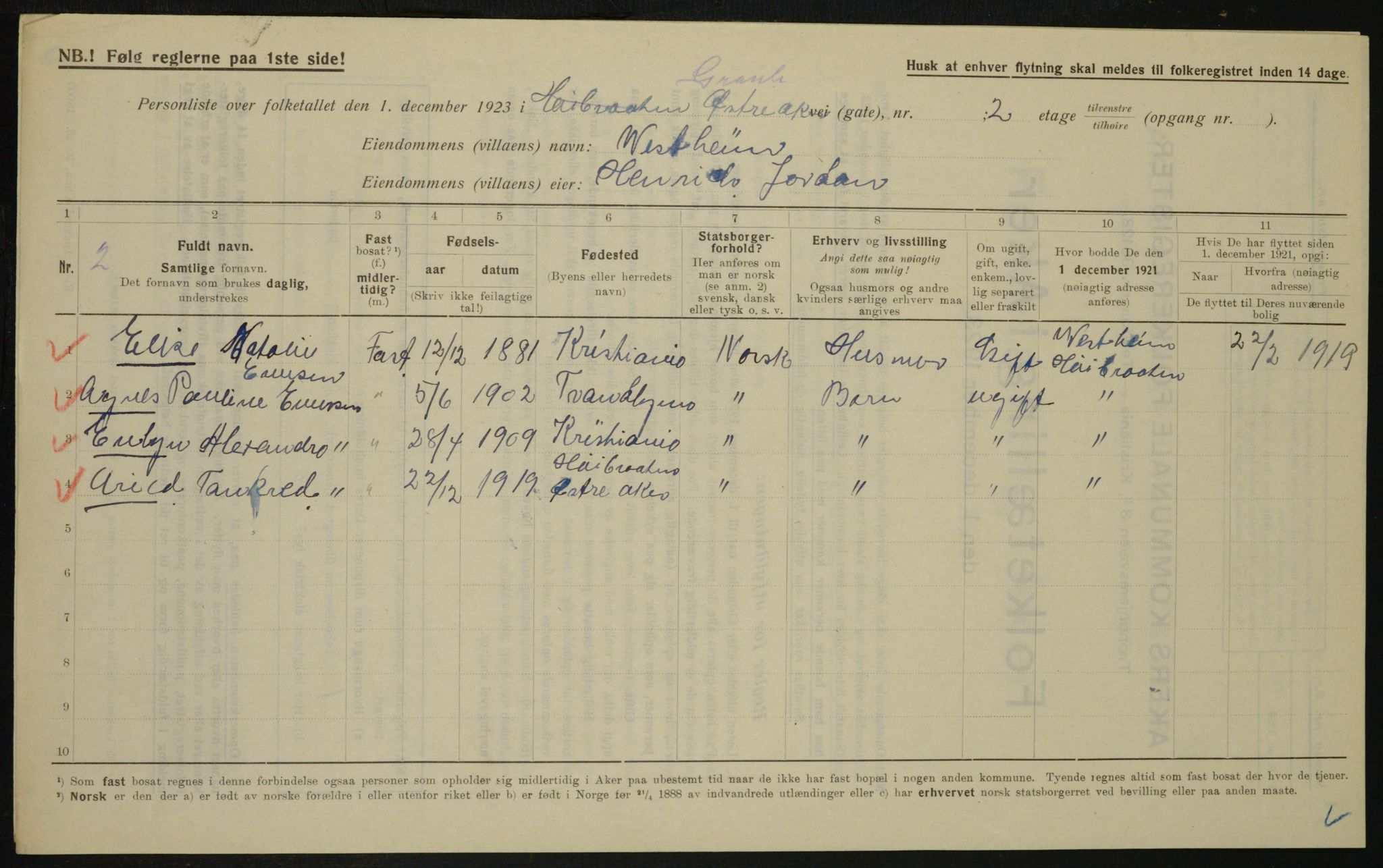 , Municipal Census 1923 for Aker, 1923, p. 25091