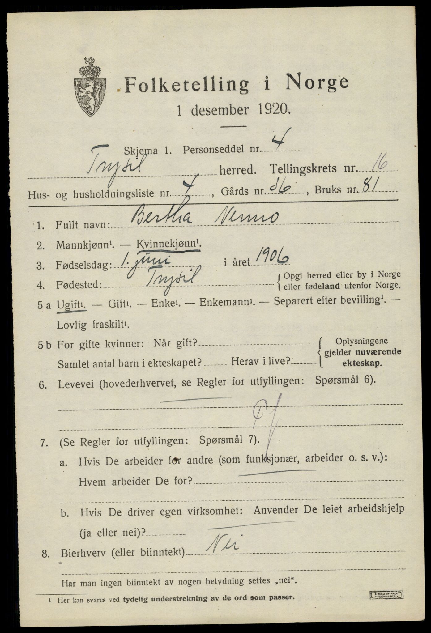 SAH, 1920 census for Trysil, 1920, p. 9473
