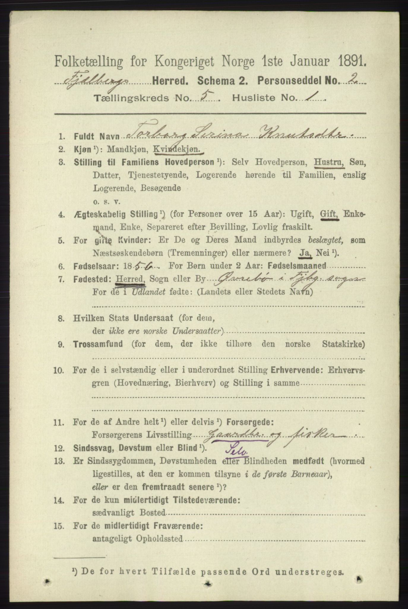 RA, 1891 census for 1213 Fjelberg, 1891, p. 1484