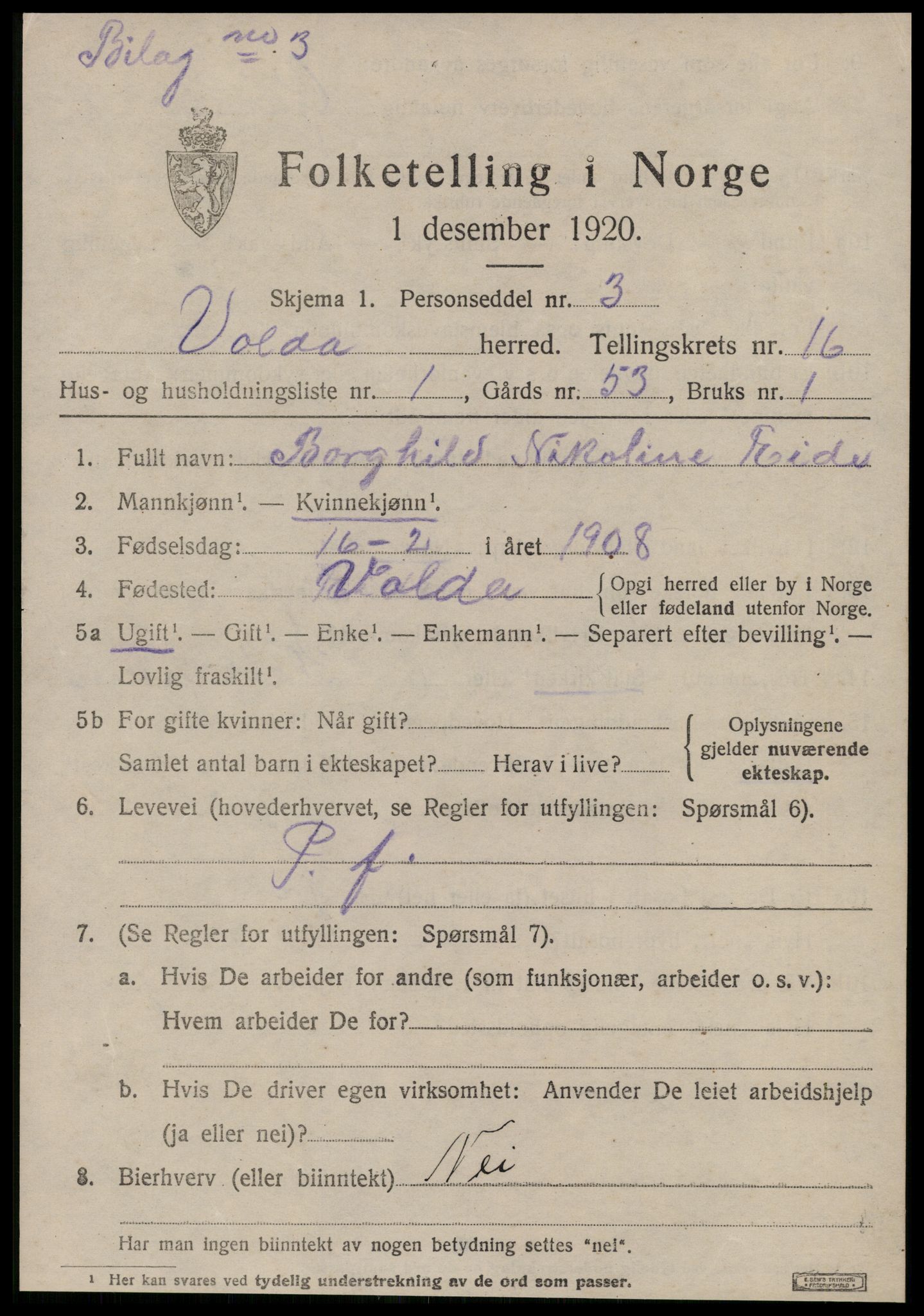 SAT, 1920 census for Volda, 1920, p. 9208