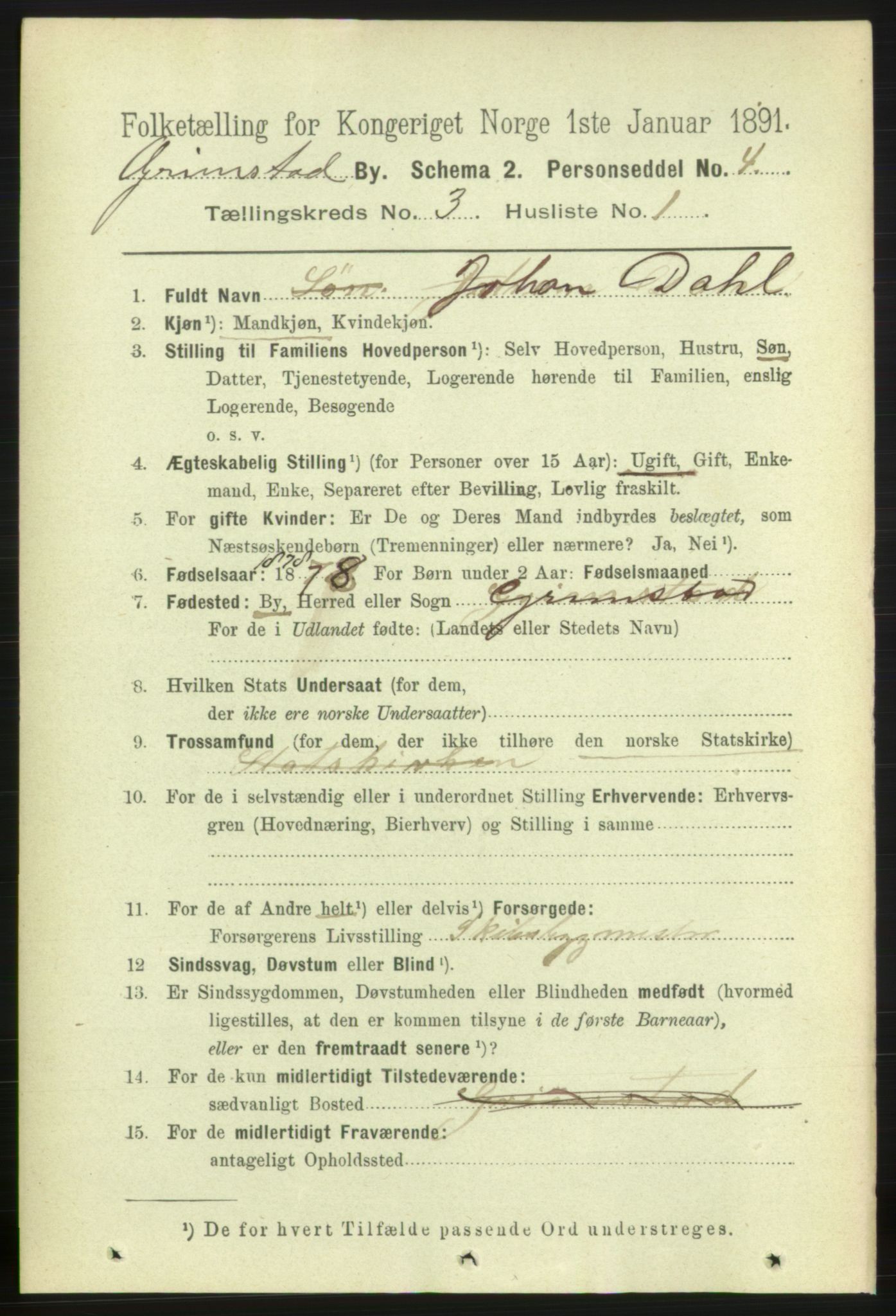 RA, 1891 census for 0904 Grimstad, 1891, p. 1999