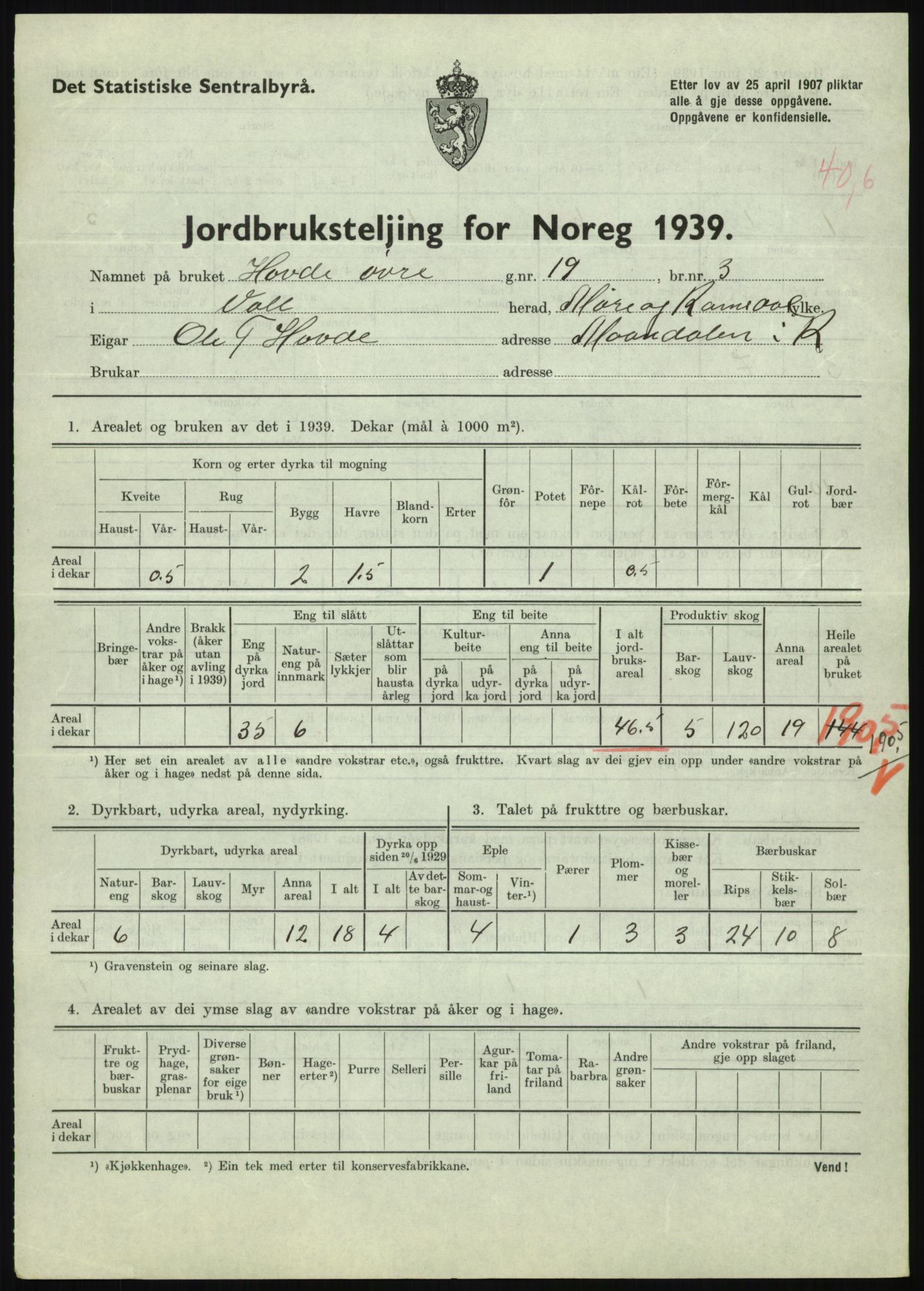 Statistisk sentralbyrå, Næringsøkonomiske emner, Jordbruk, skogbruk, jakt, fiske og fangst, AV/RA-S-2234/G/Gb/L0251: Møre og Romsdal: Voll, Eid, Grytten og Hen, 1939, p. 159