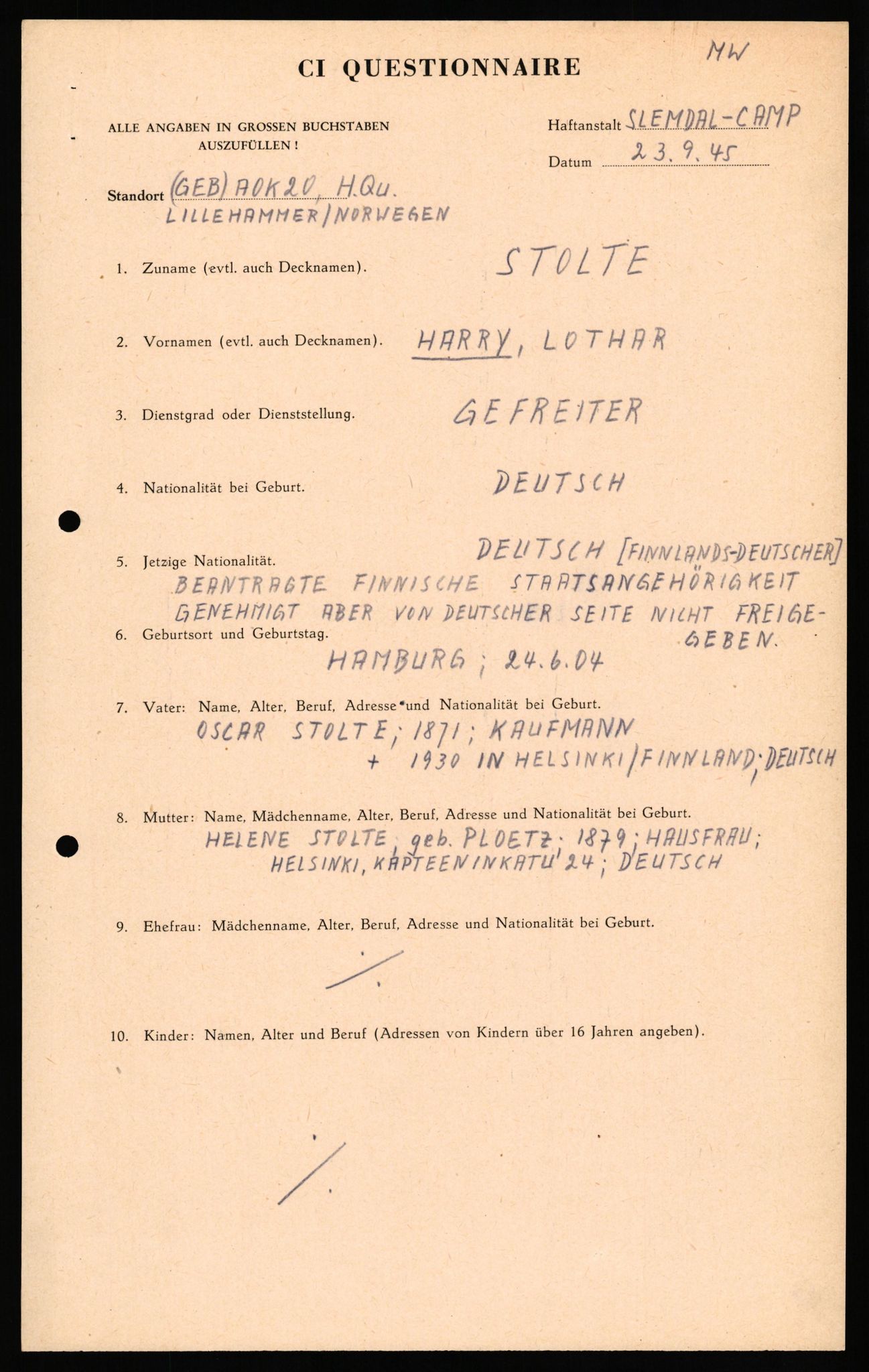 Forsvaret, Forsvarets overkommando II, RA/RAFA-3915/D/Db/L0033: CI Questionaires. Tyske okkupasjonsstyrker i Norge. Tyskere., 1945-1946, p. 95