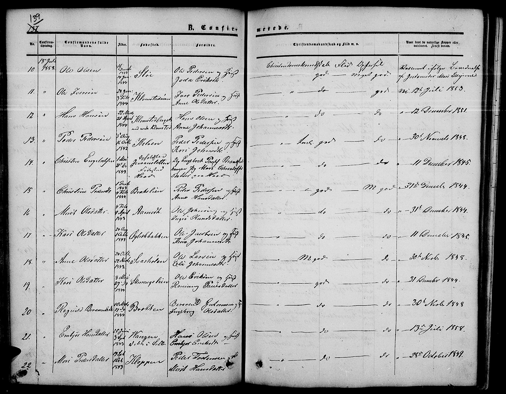 Nord-Fron prestekontor, SAH/PREST-080/H/Ha/Hab/L0003: Parish register (copy) no. 3, 1851-1886, p. 139