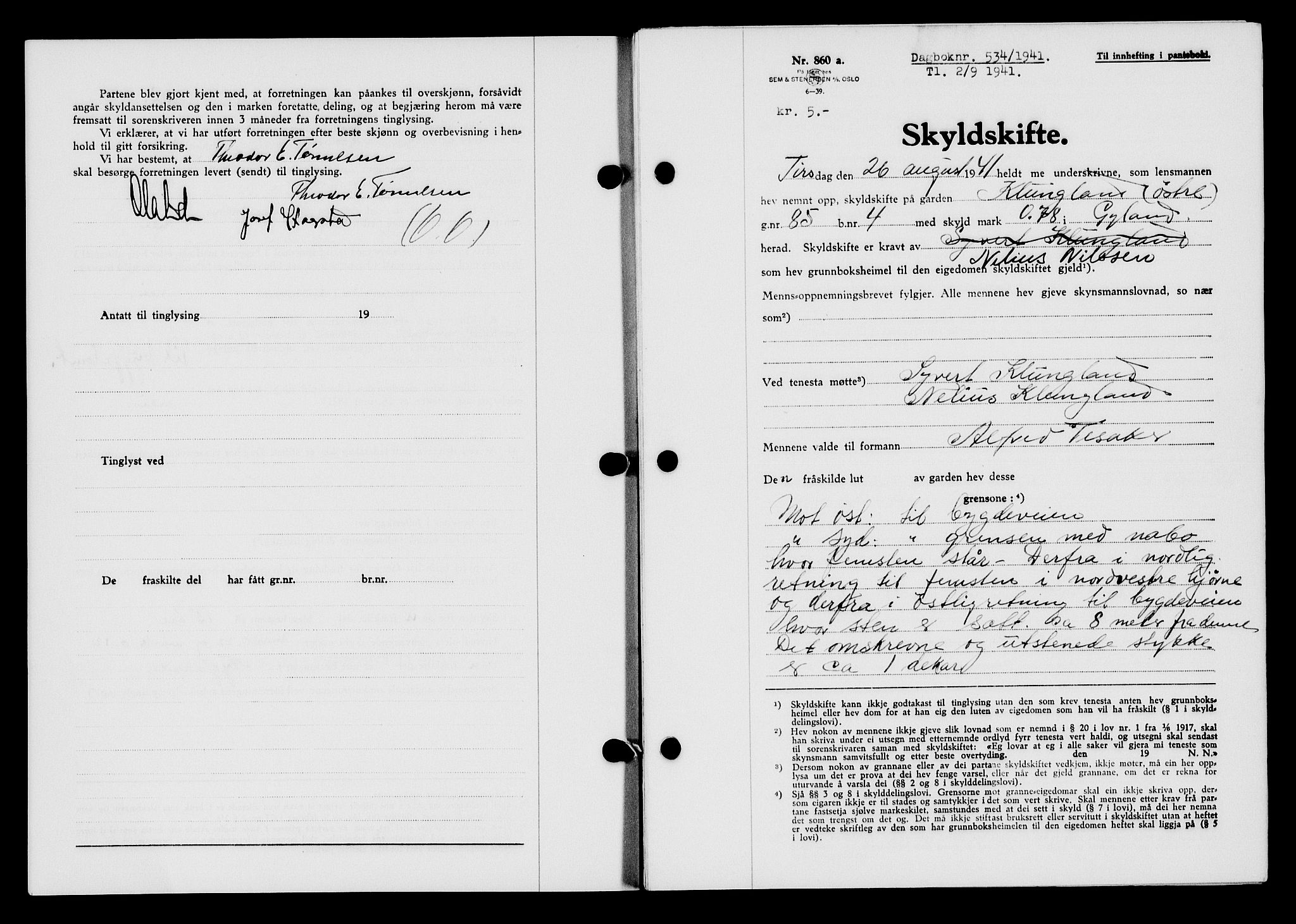 Flekkefjord sorenskriveri, SAK/1221-0001/G/Gb/Gba/L0057: Mortgage book no. A-5, 1941-1942, Diary no: : 534/1941