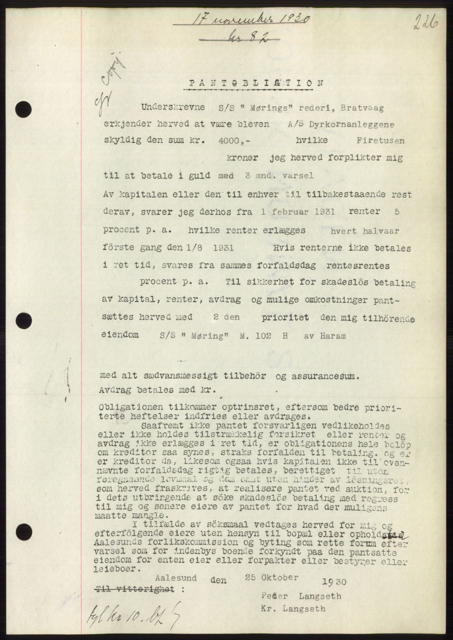 Nordre Sunnmøre sorenskriveri, AV/SAT-A-0006/1/2/2C/2Ca/L0047: Mortgage book no. 47, 1930-1931, Deed date: 17.11.1930