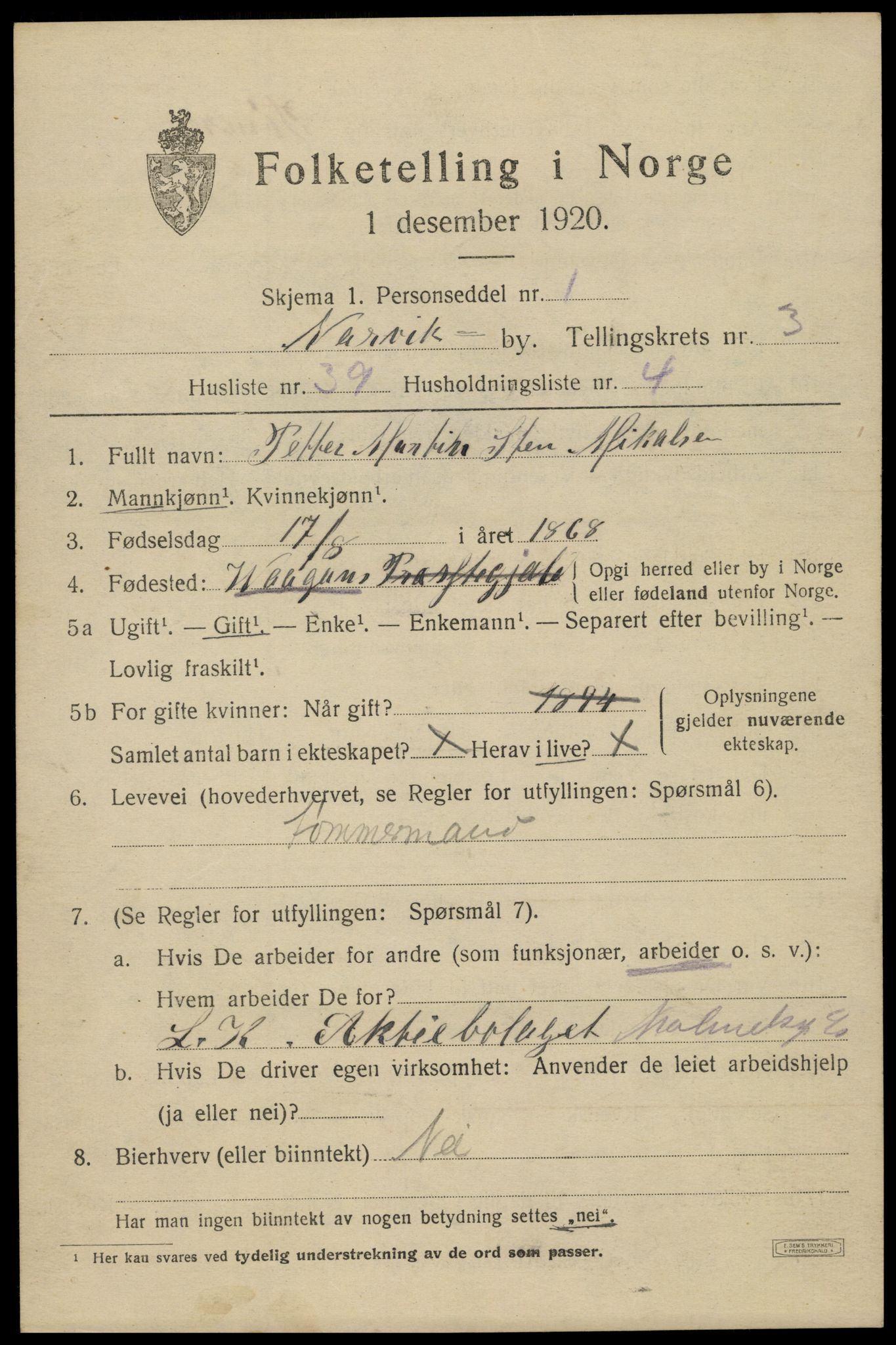 SAT, 1920 census for Narvik, 1920, p. 12466