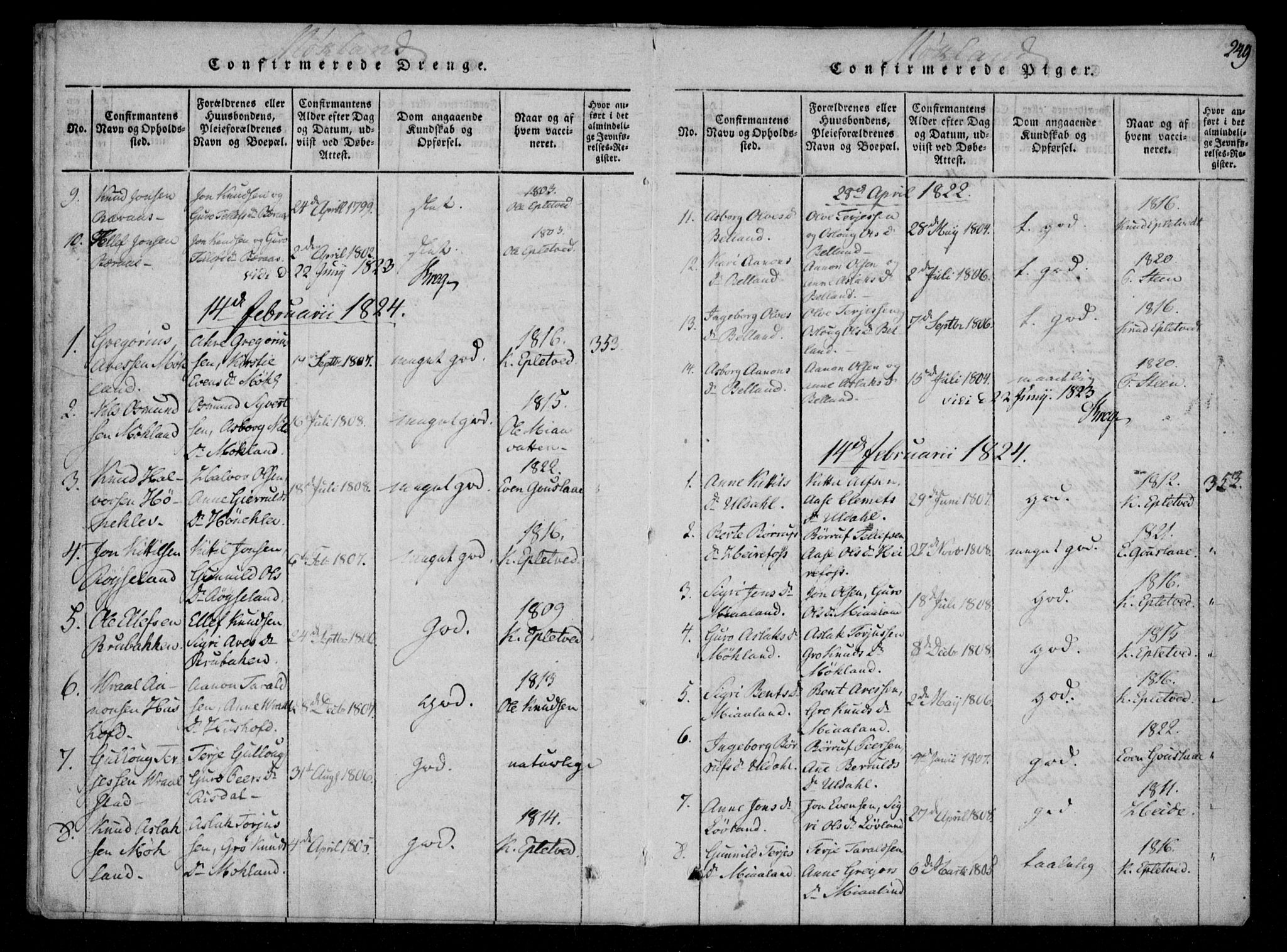 Åmli sokneprestkontor, AV/SAK-1111-0050/F/Fa/Fac/L0006: Parish register (official) no. A 6, 1816-1829, p. 249