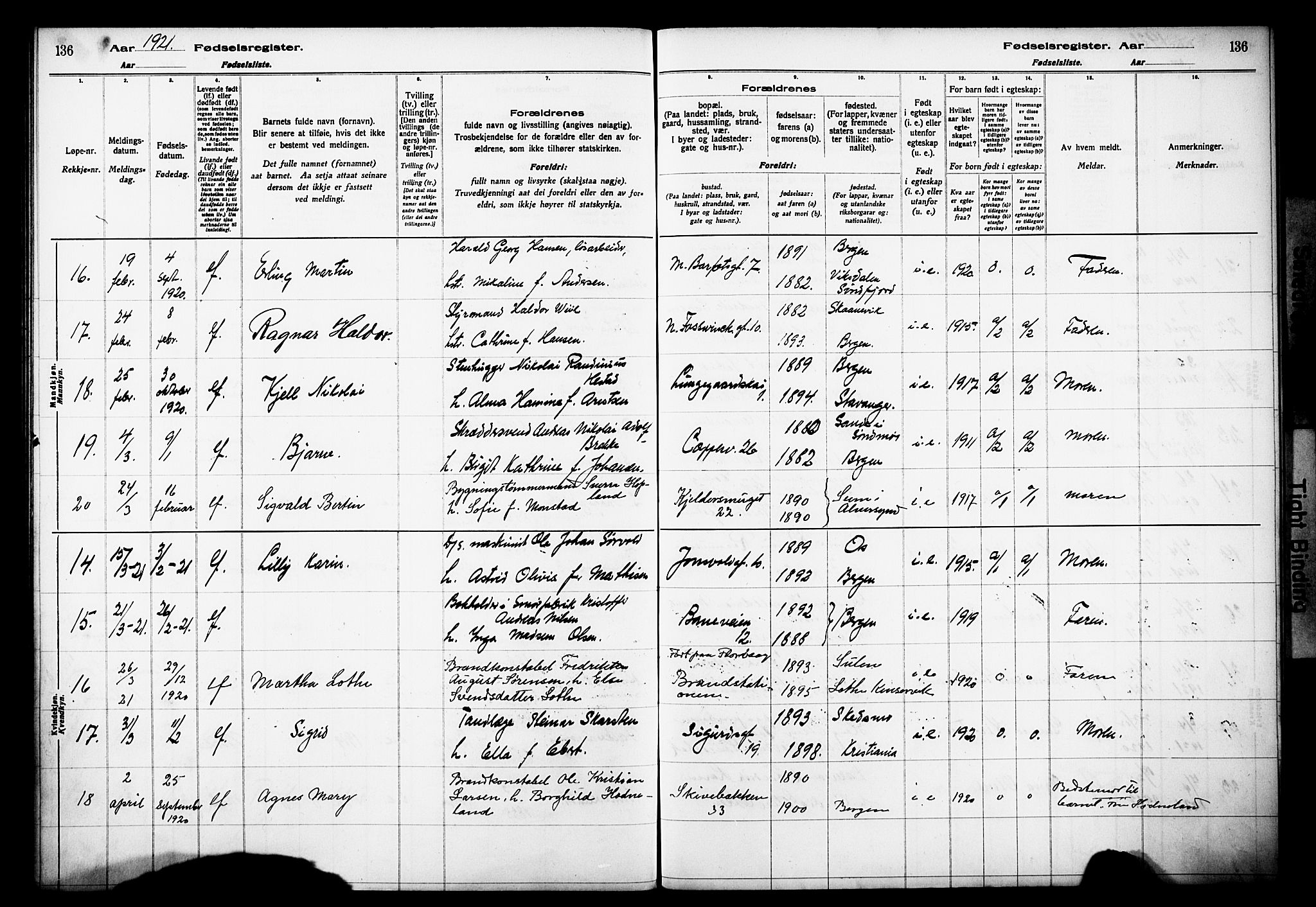 Domkirken sokneprestembete, AV/SAB-A-74801/I/Id/L00A1: Birth register no. A 1, 1916-1923, p. 136