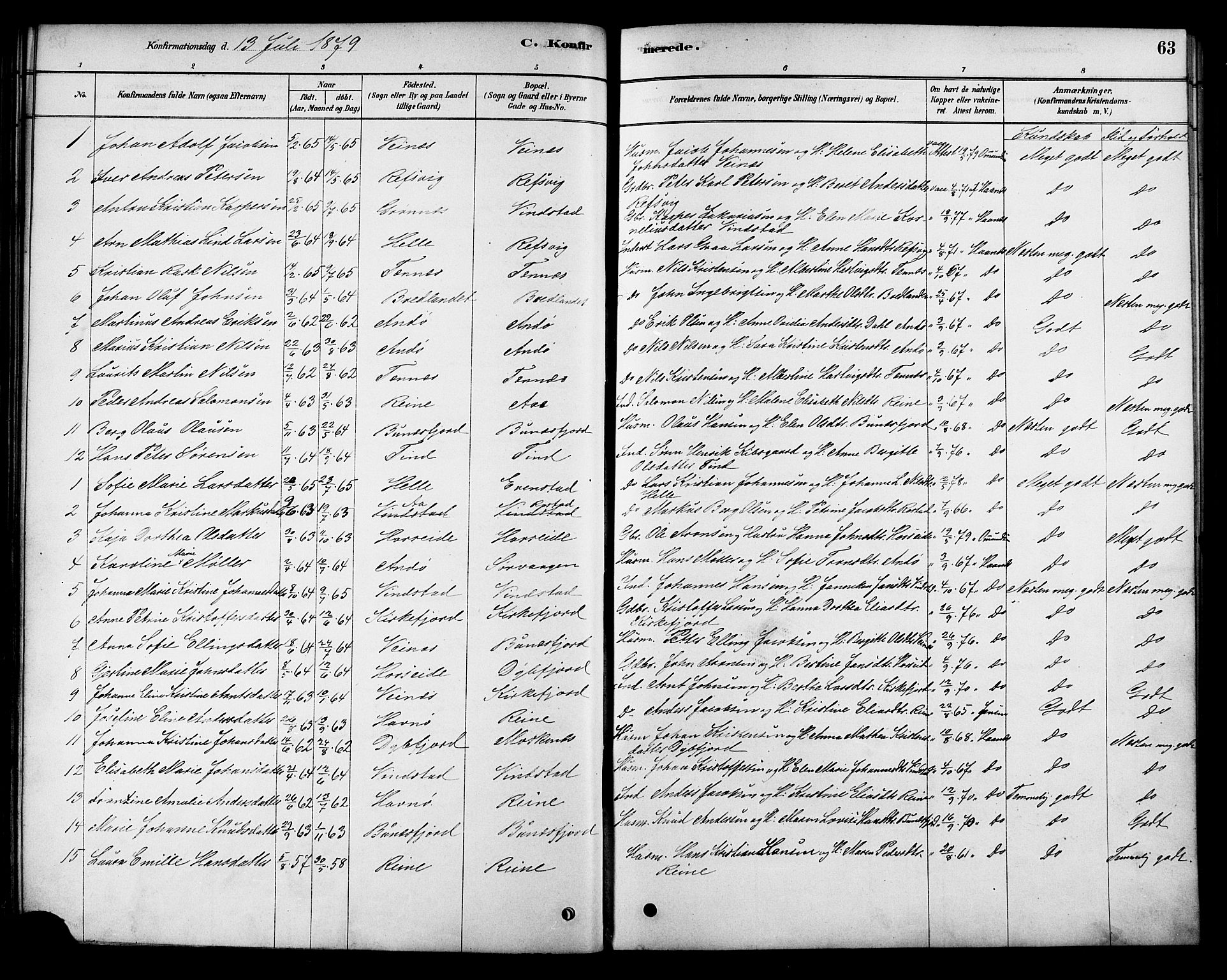 Ministerialprotokoller, klokkerbøker og fødselsregistre - Nordland, AV/SAT-A-1459/886/L1219: Parish register (official) no. 886A01, 1878-1892, p. 63