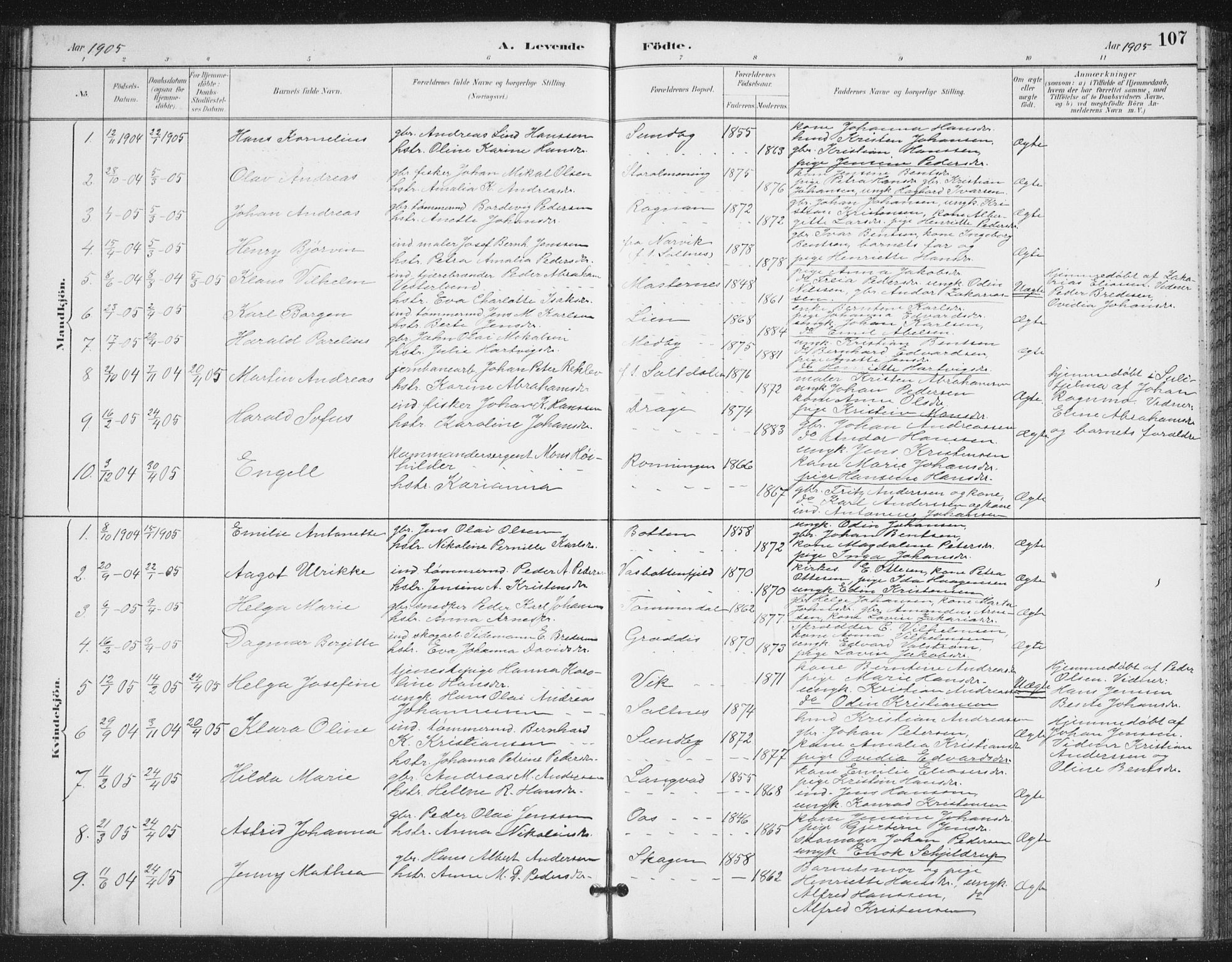 Ministerialprotokoller, klokkerbøker og fødselsregistre - Nordland, AV/SAT-A-1459/847/L0682: Parish register (copy) no. 847C10, 1889-1907, p. 107