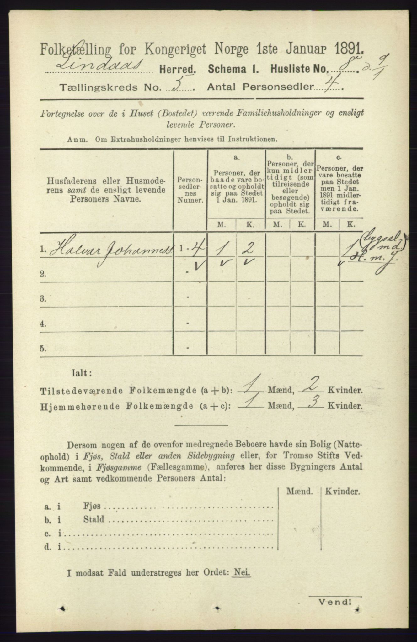 RA, 1891 census for 1263 Lindås, 1891, p. 1403