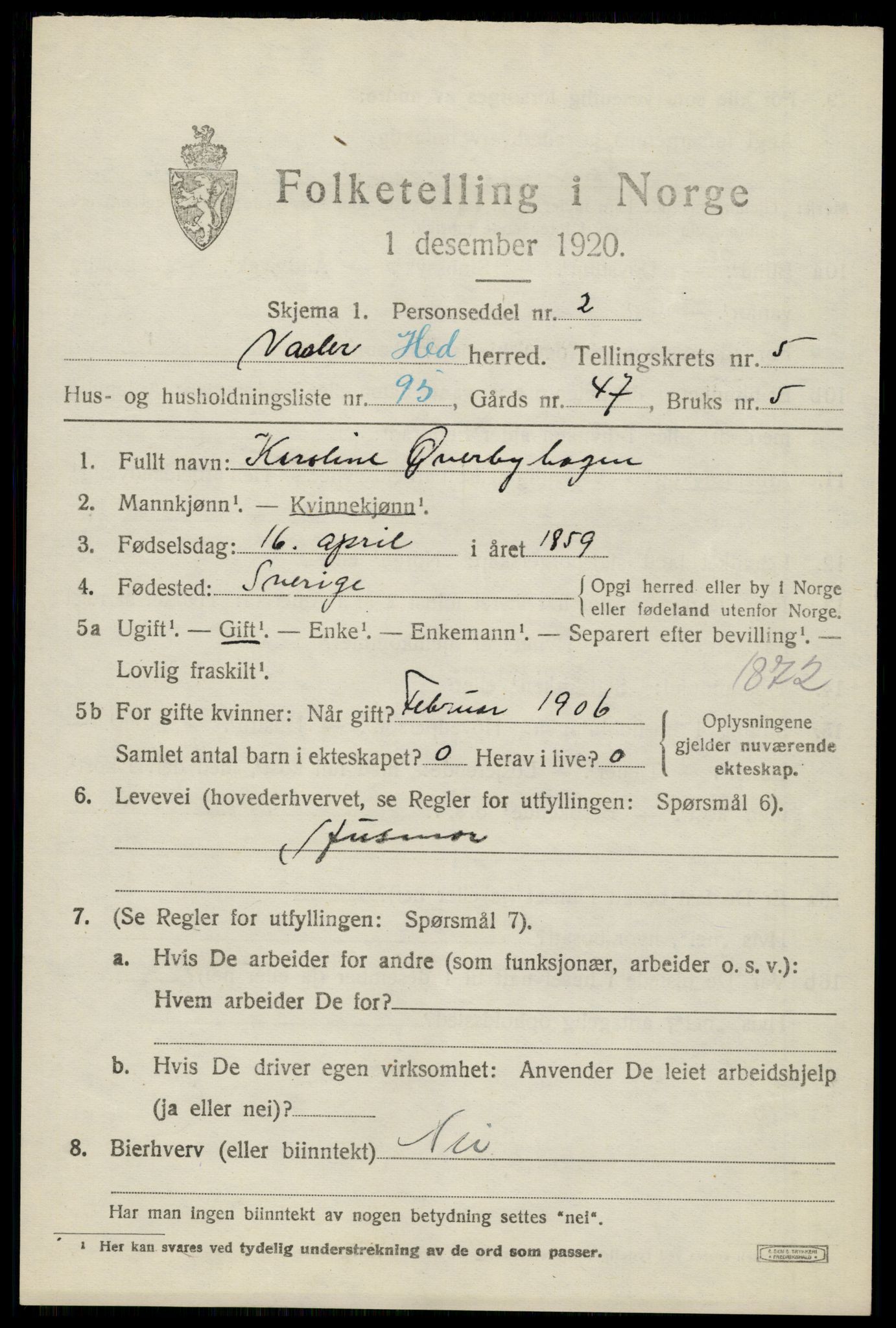 SAH, 1920 census for Våler (Hedmark), 1920, p. 6605