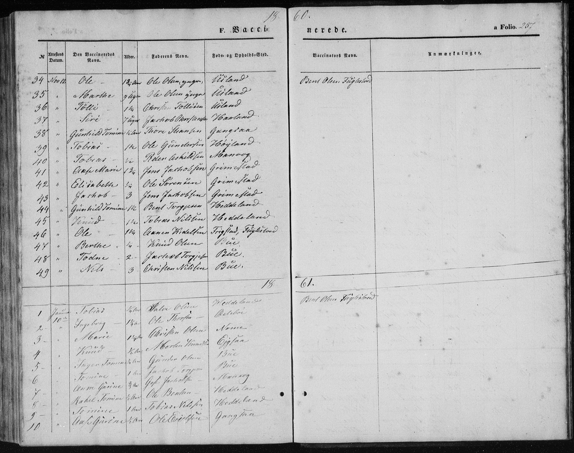 Holum sokneprestkontor, AV/SAK-1111-0022/F/Fb/Fbc/L0002: Parish register (copy) no. B 2, 1860-1882, p. 257