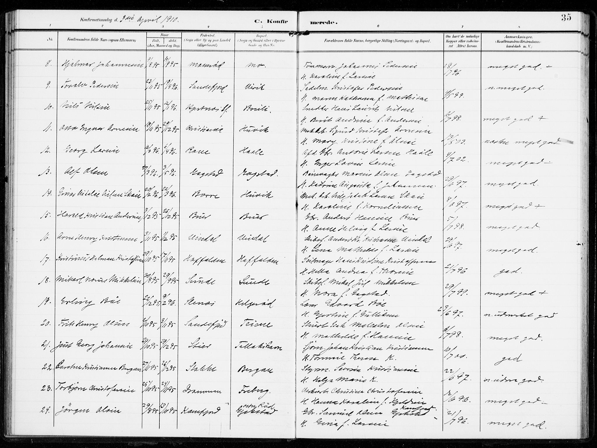 Sandar kirkebøker, SAKO/A-243/F/Fa/L0017: Parish register (official) no. 17, 1907-1917, p. 35