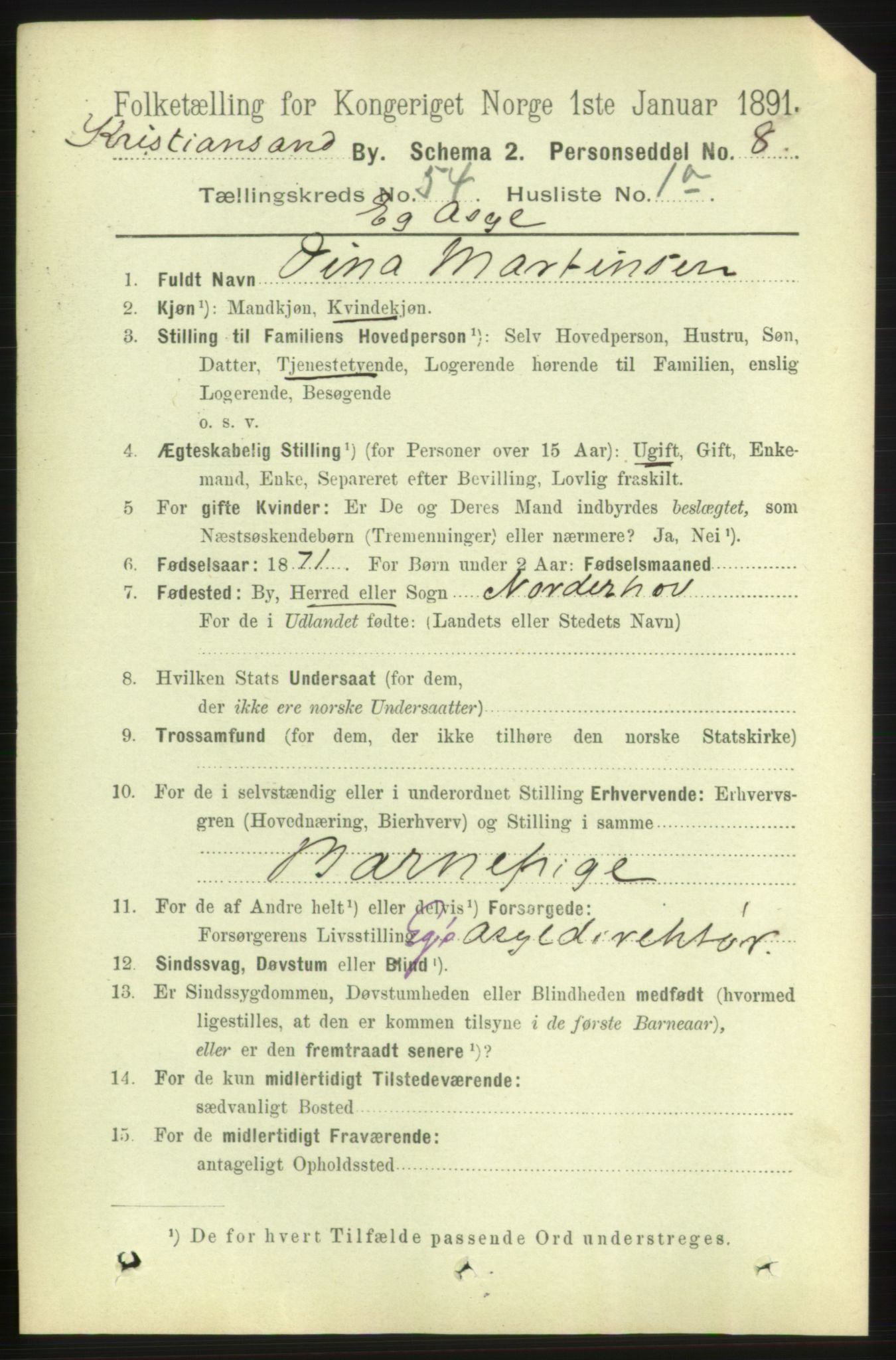 RA, 1891 census for 1001 Kristiansand, 1891, p. 15372