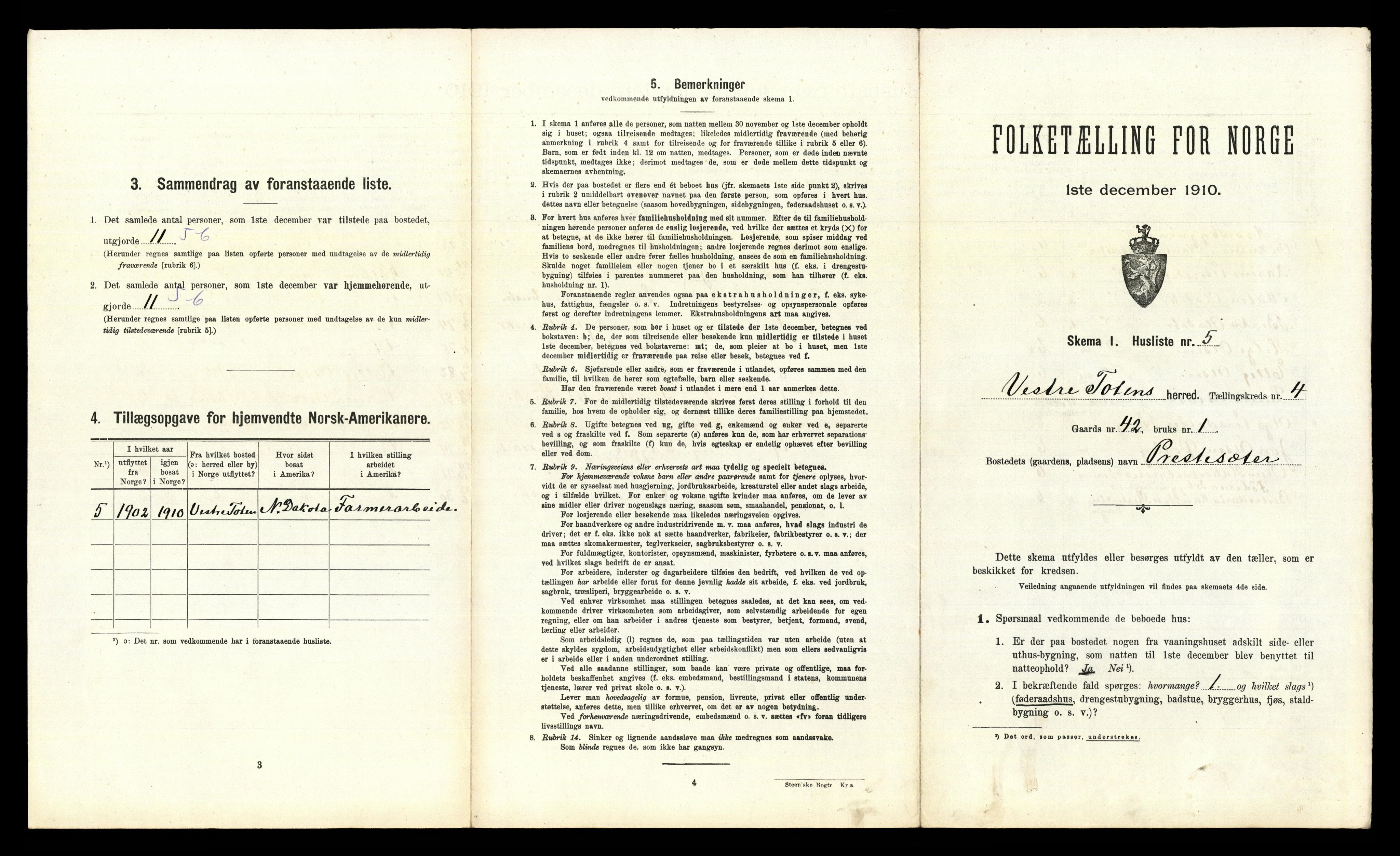 RA, 1910 census for Vestre Toten, 1910, p. 529