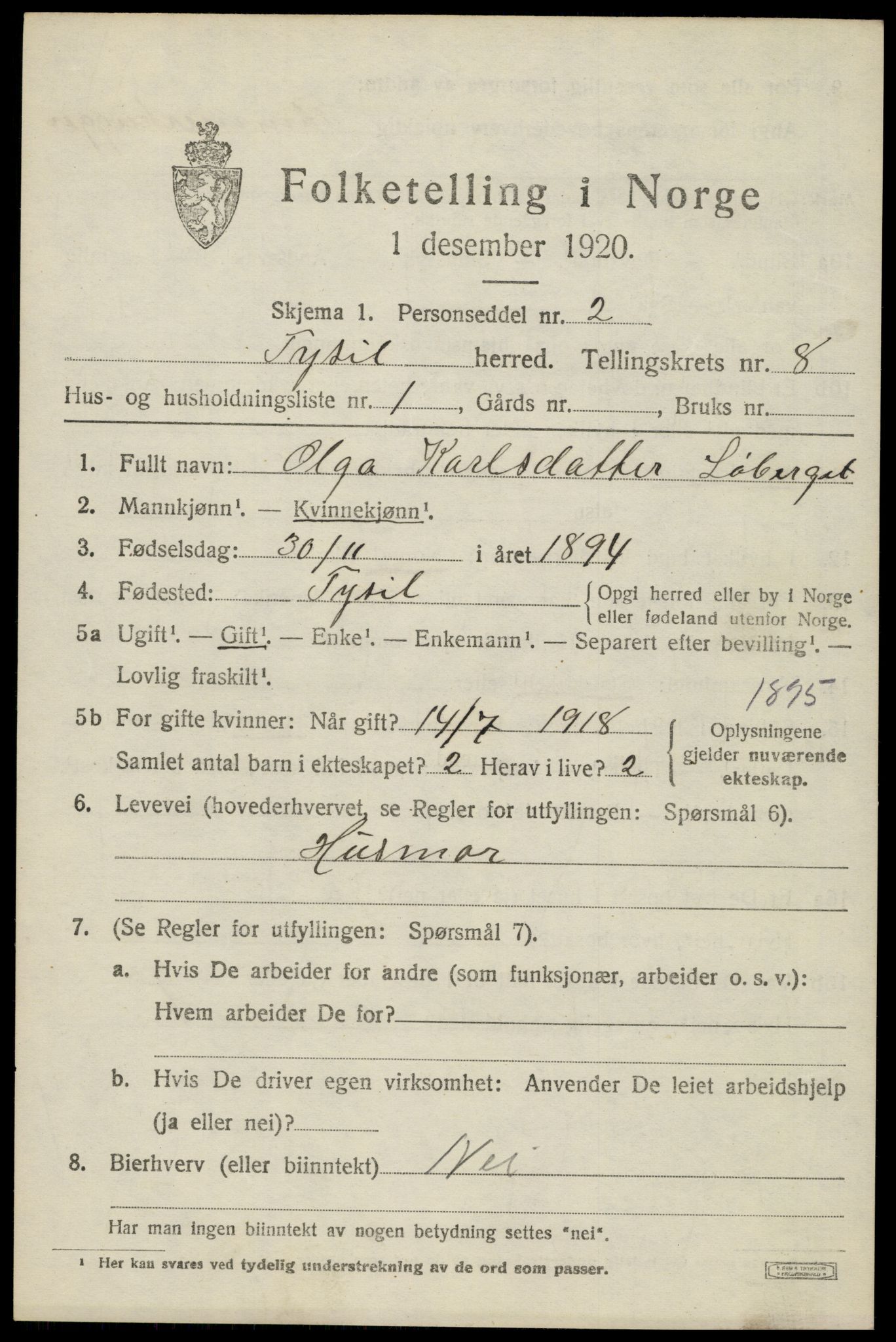 SAH, 1920 census for Trysil, 1920, p. 6223