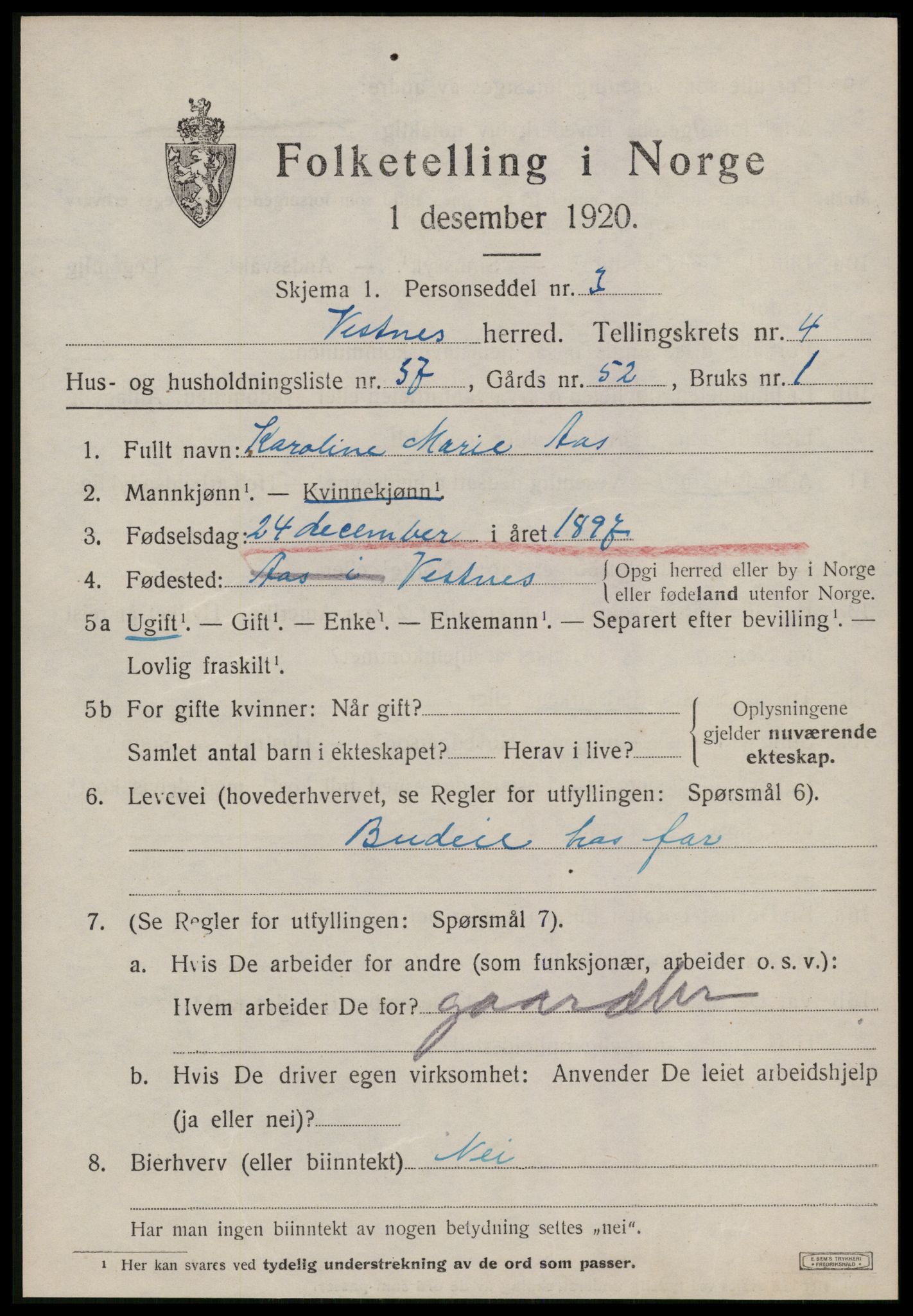 SAT, 1920 census for Vestnes, 1920, p. 3727