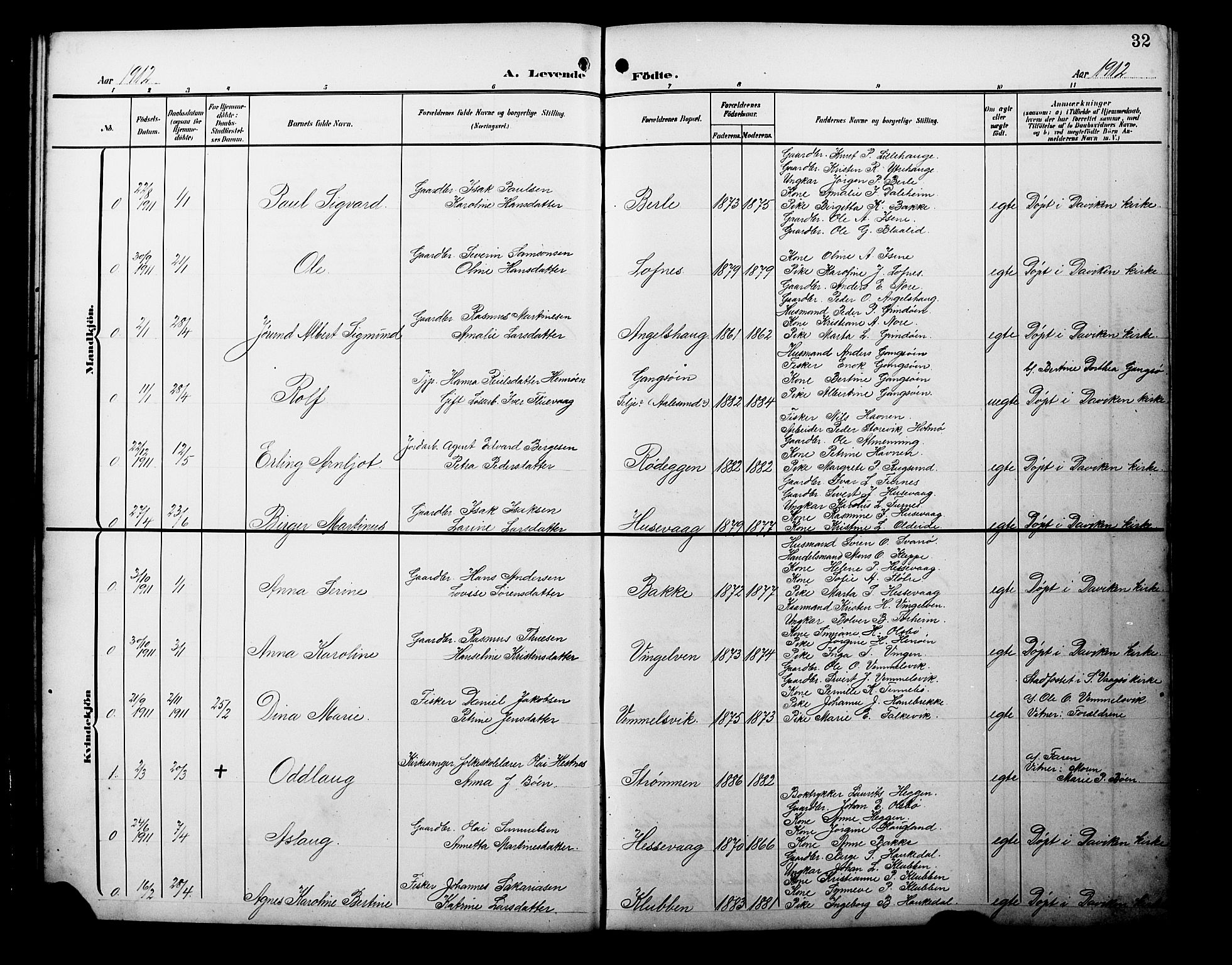 Davik sokneprestembete, AV/SAB-A-79701/H/Hab/Habc/L0003: Parish register (copy) no. C 3, 1907-1929, p. 32