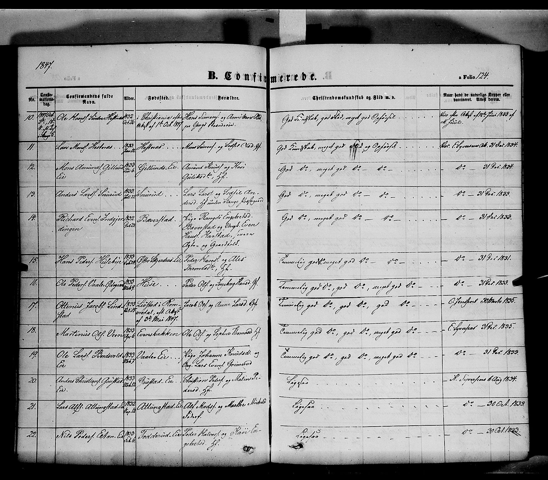 Stange prestekontor, SAH/PREST-002/K/L0011: Parish register (official) no. 11, 1846-1852, p. 124