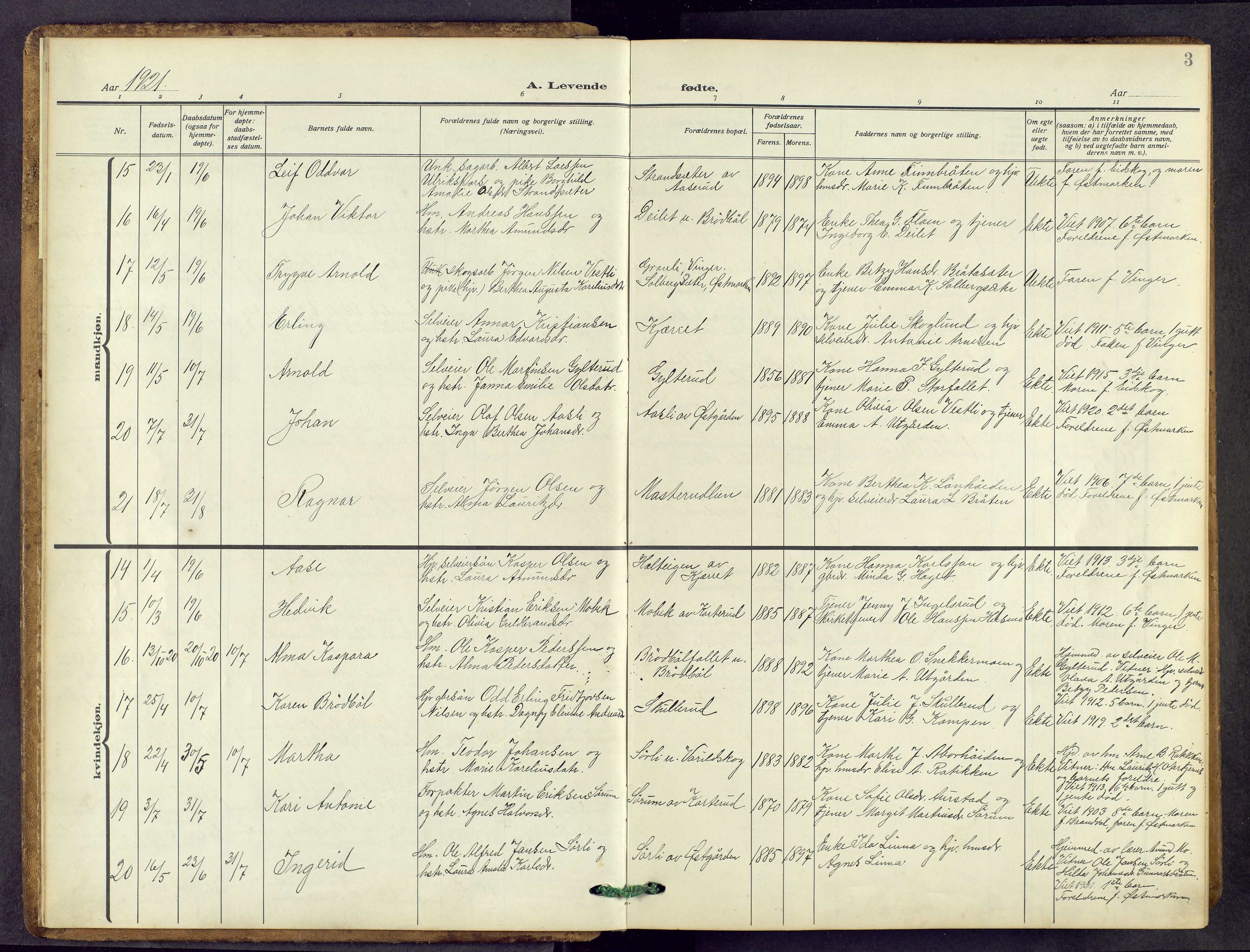 Vinger prestekontor, AV/SAH-PREST-024/H/Ha/Hab/L0006: Parish register (copy) no. 6, 1921-1973, p. 3