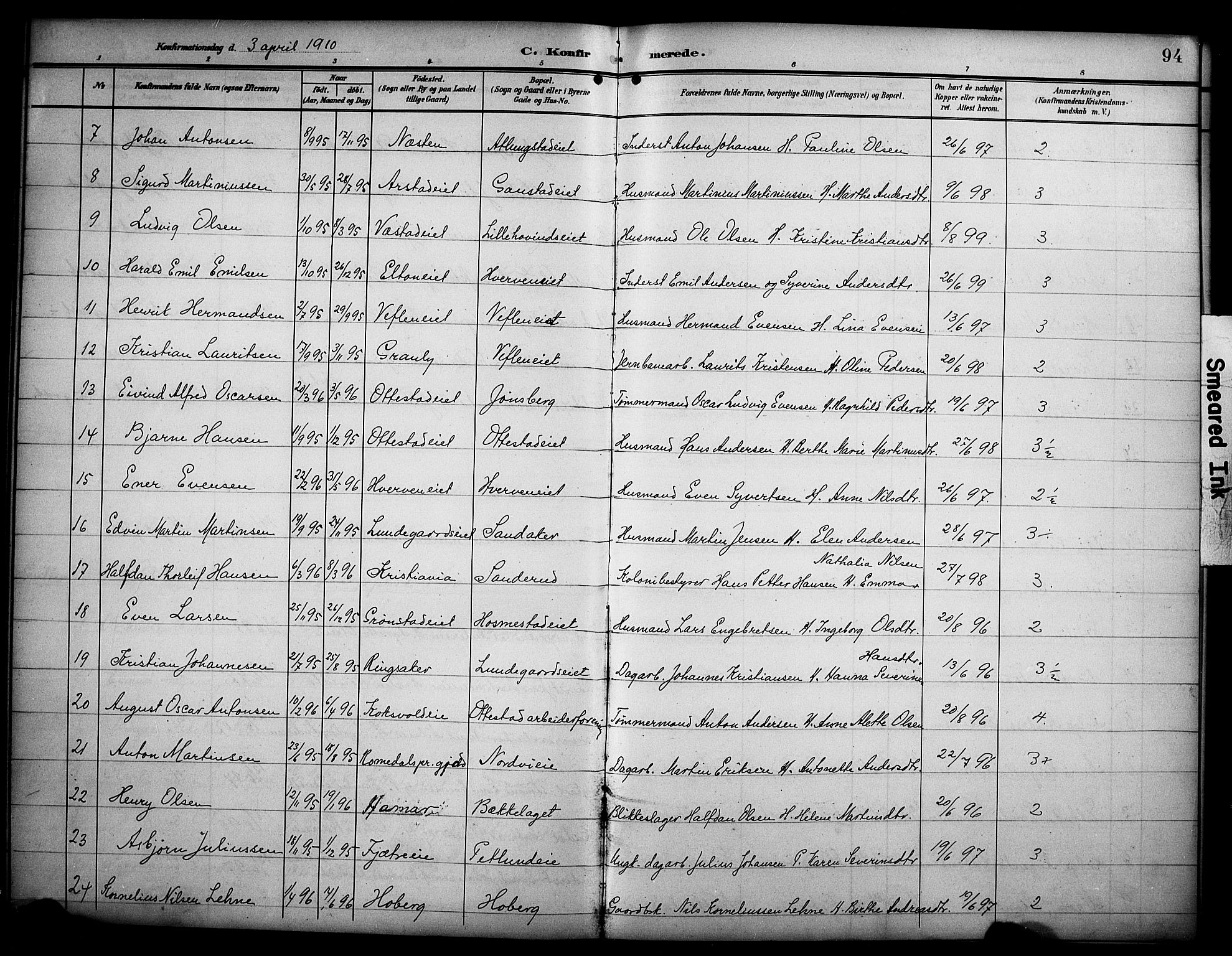 Stange prestekontor, AV/SAH-PREST-002/K/L0022: Parish register (official) no. 22, 1903-1914, p. 94